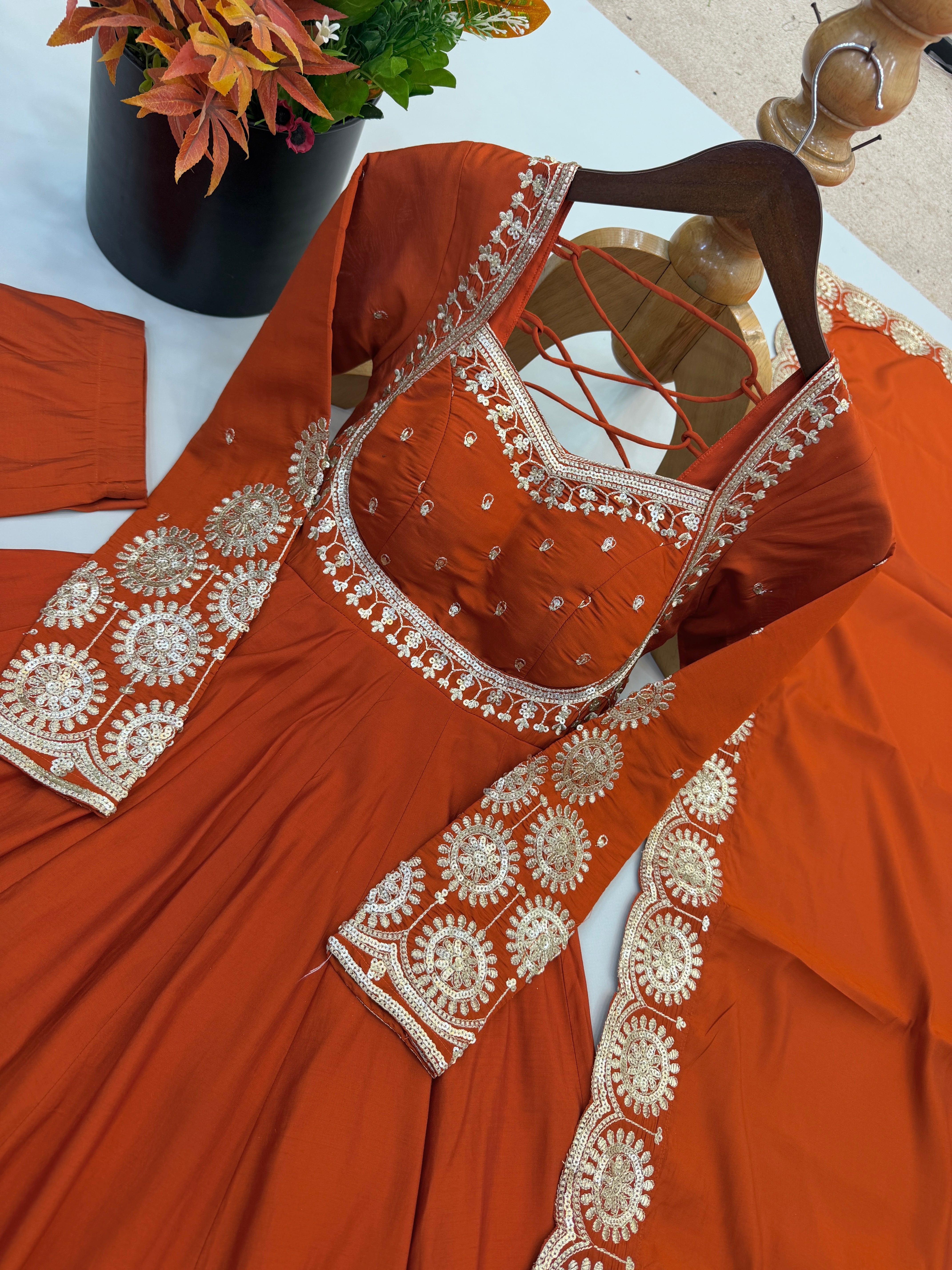 Women's Roman Silk Sequins Embroidered Anarkali Three-Piece Set