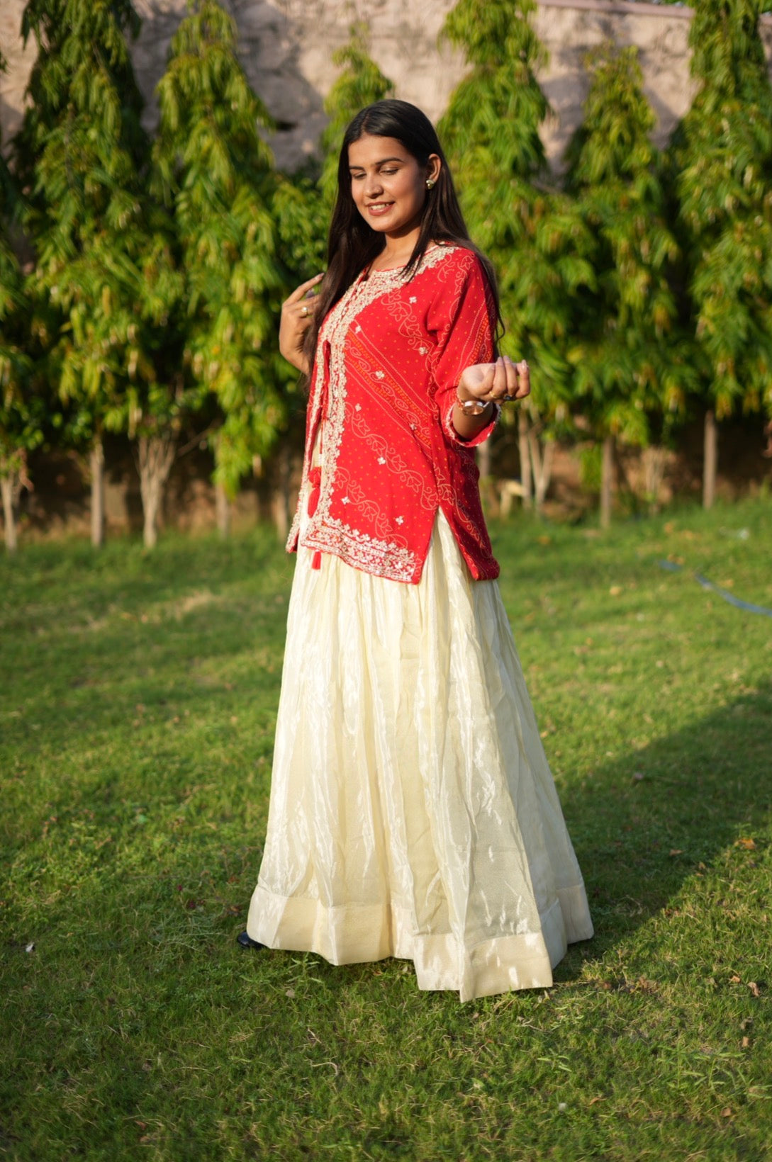 Bandhani Print Jacket Lehenga with Heavy Gota Patti Work