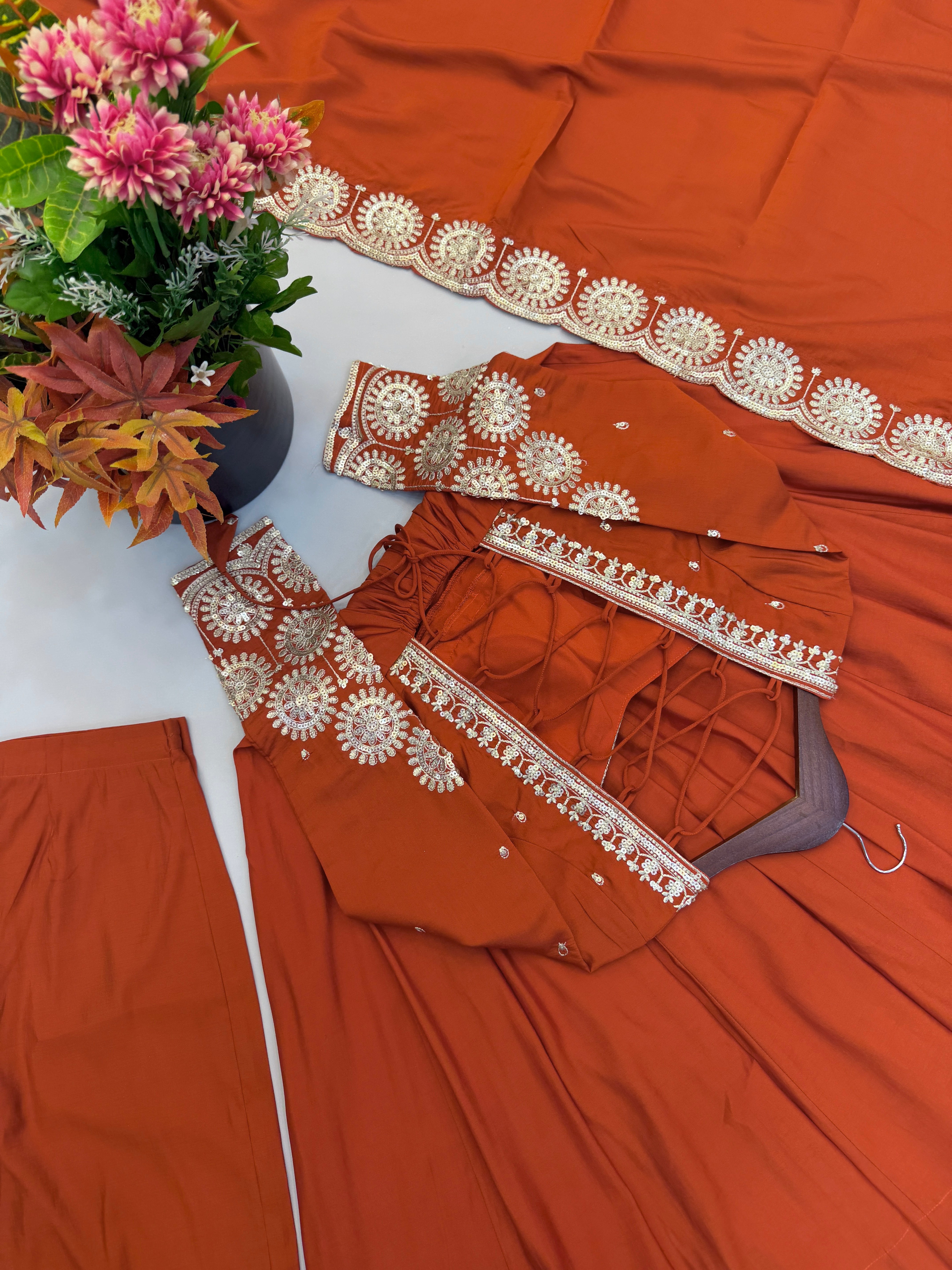 Women's Roman Silk Sequins Embroidered Anarkali Three-Piece Set