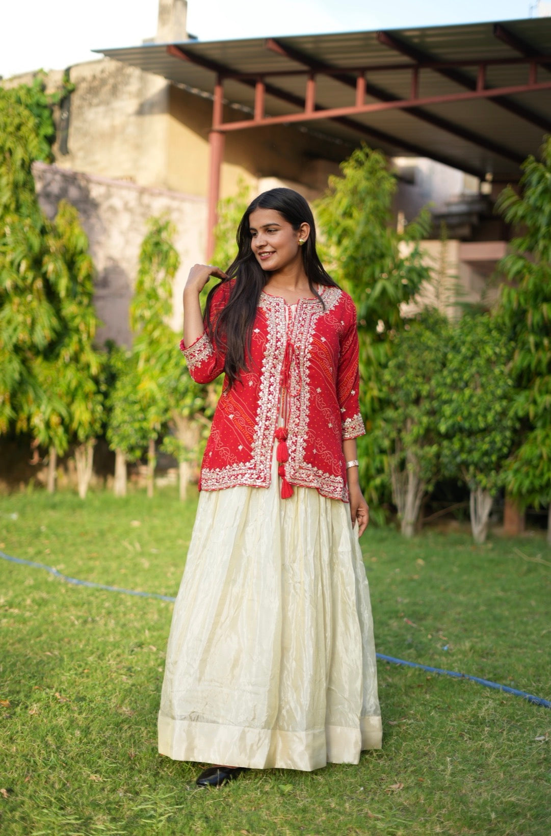 Bandhani Print Jacket Lehenga with Heavy Gota Patti Work