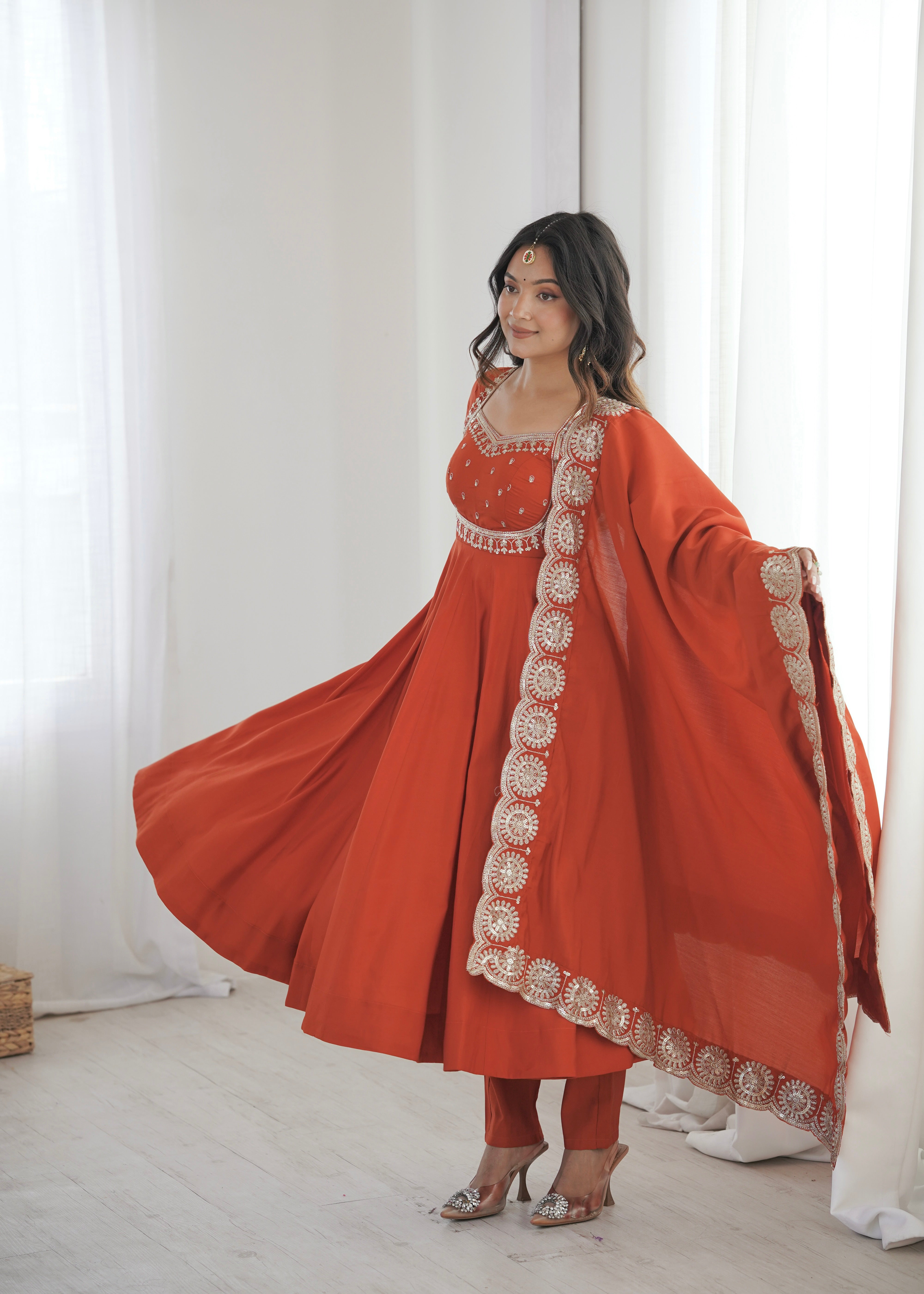 Women's Roman Silk Sequins Embroidered Anarkali Three-Piece Set