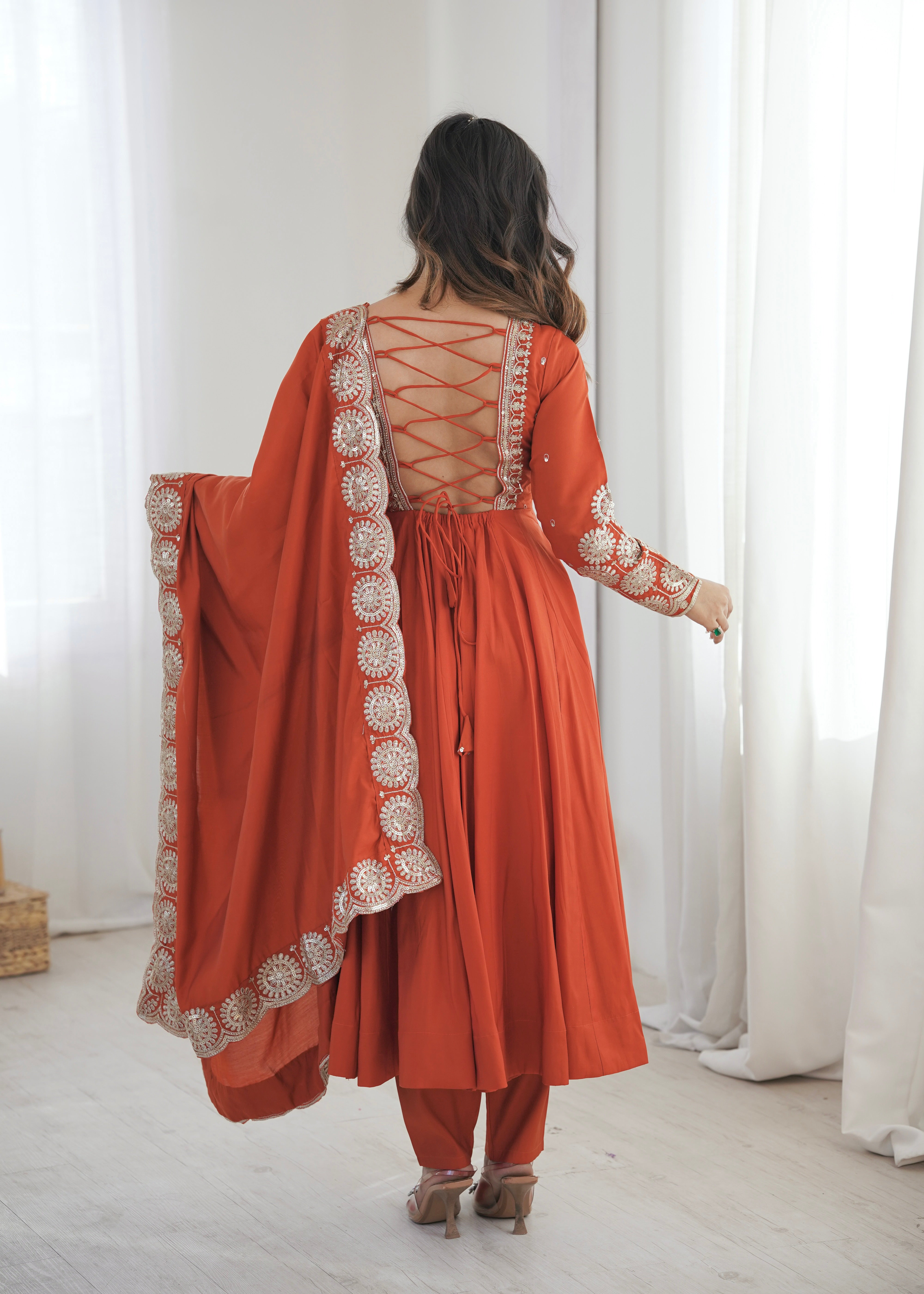 Women's Roman Silk Sequins Embroidered Anarkali Three-Piece Set