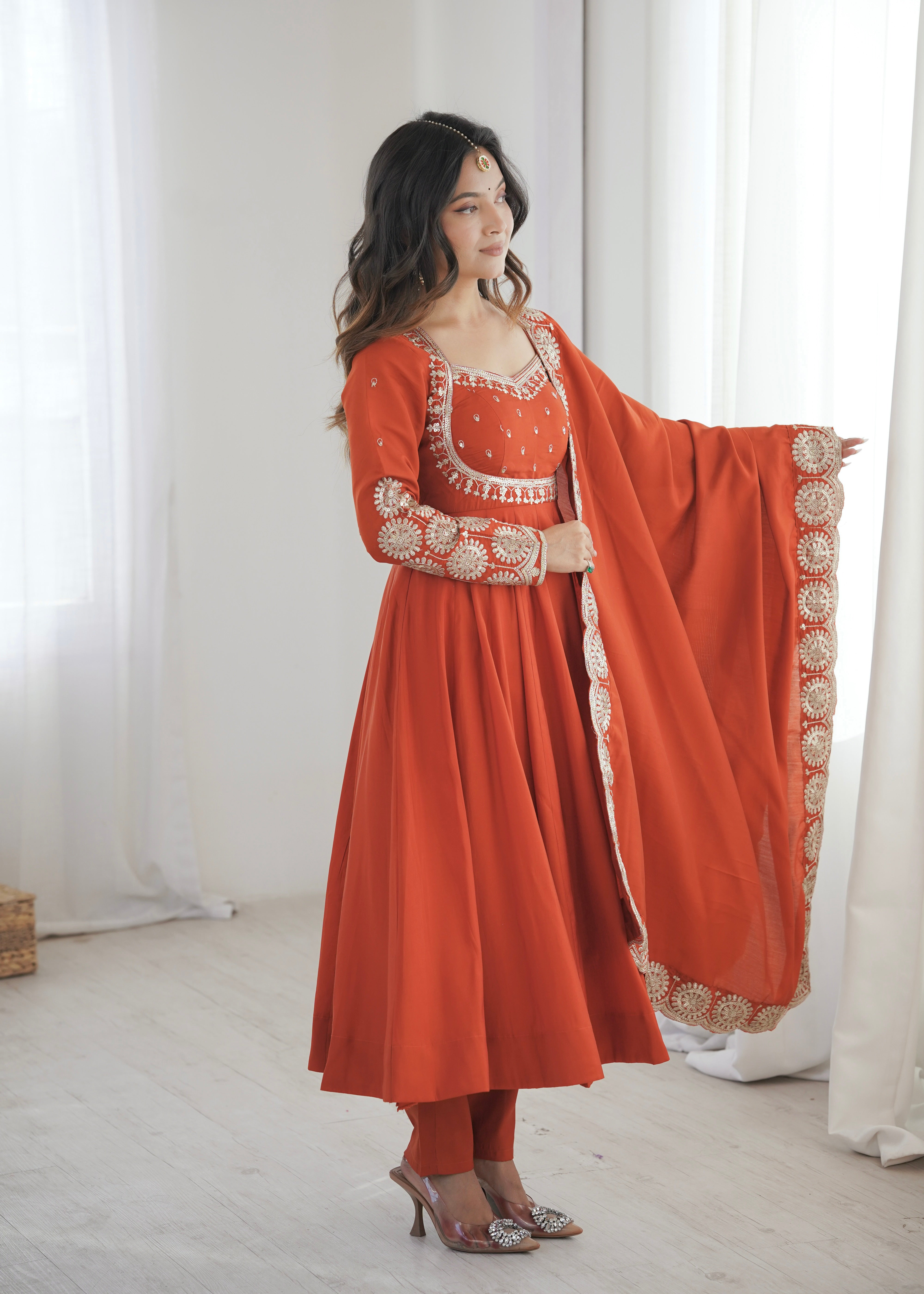 Women's Roman Silk Sequins Embroidered Anarkali Three-Piece Set
