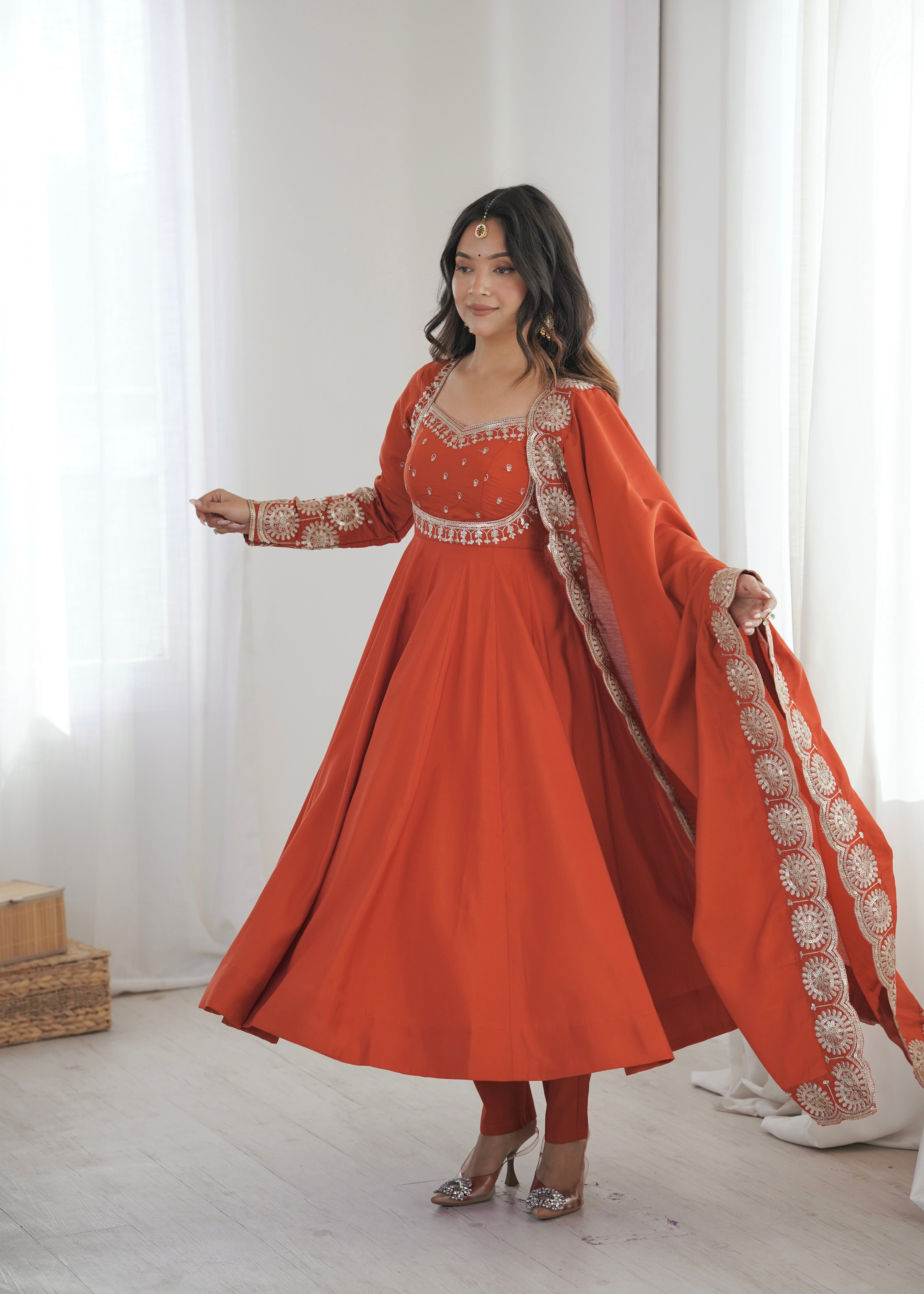 Women's Roman Silk Sequins Embroidered Anarkali Three-Piece Set
