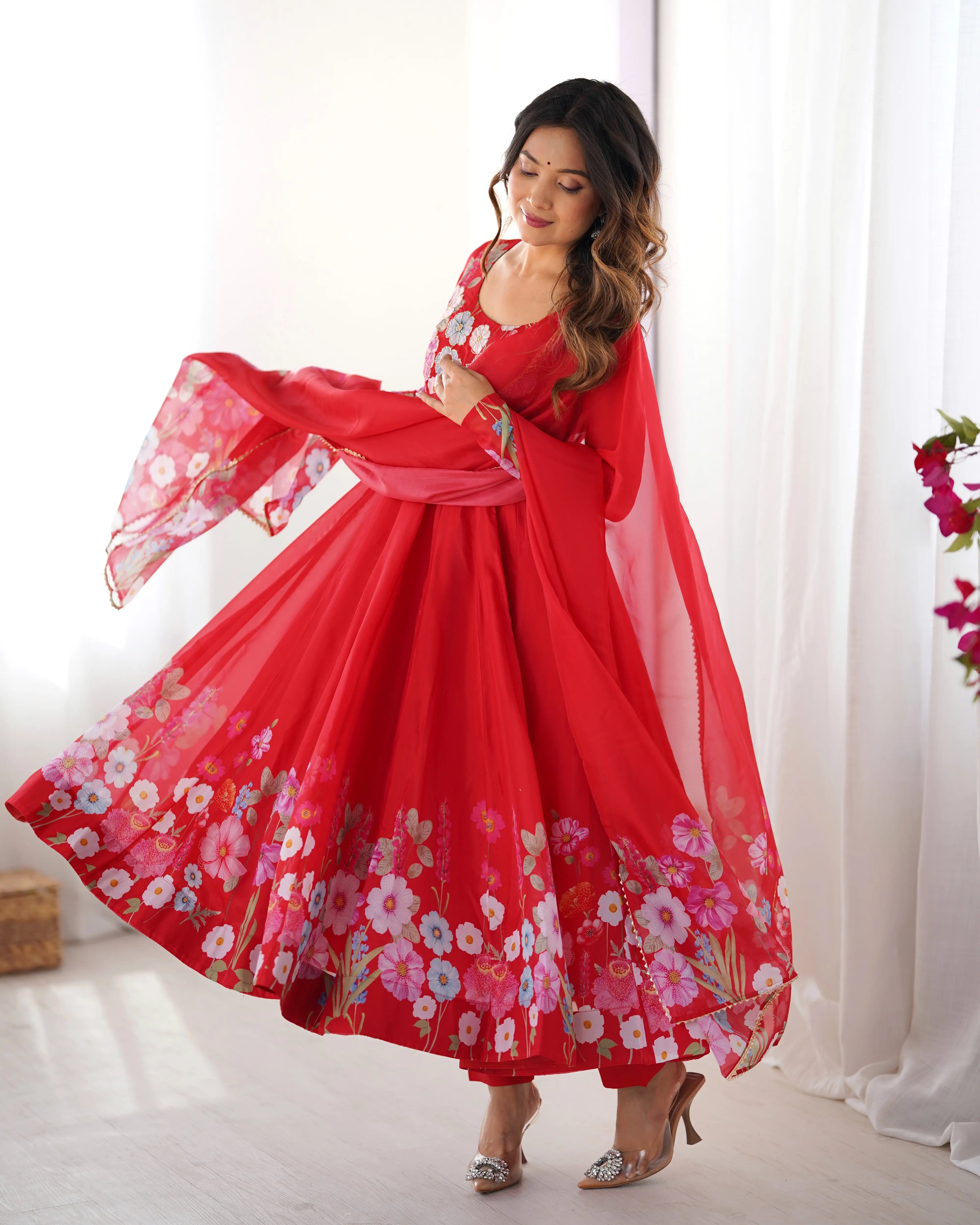 Pure Organza Silk Printed Anarkali Set with Badla Jari Handwork & Gota Patti Dupatta