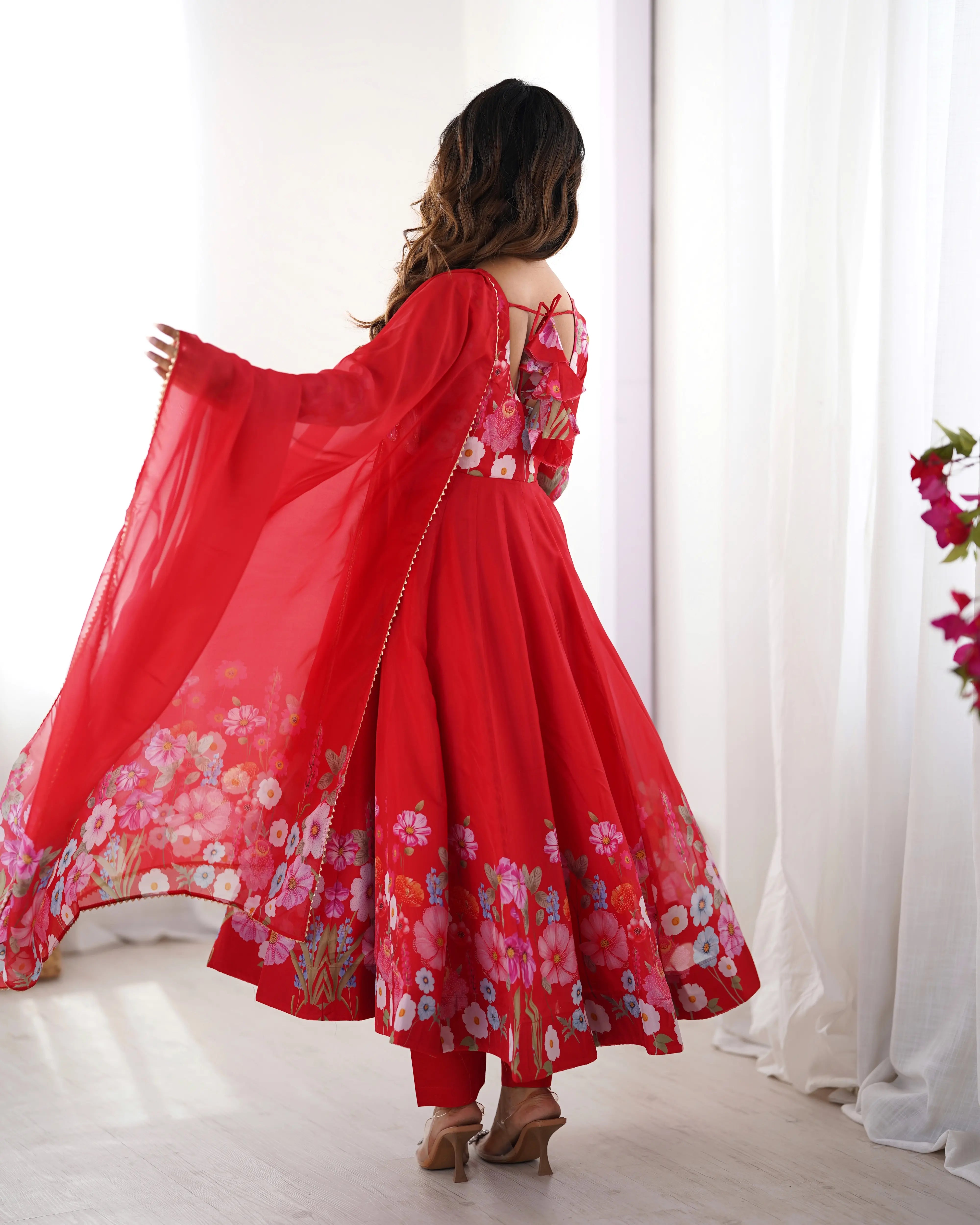 Pure Organza Silk Printed Anarkali Set with Badla Jari Handwork & Gota Patti Dupatta