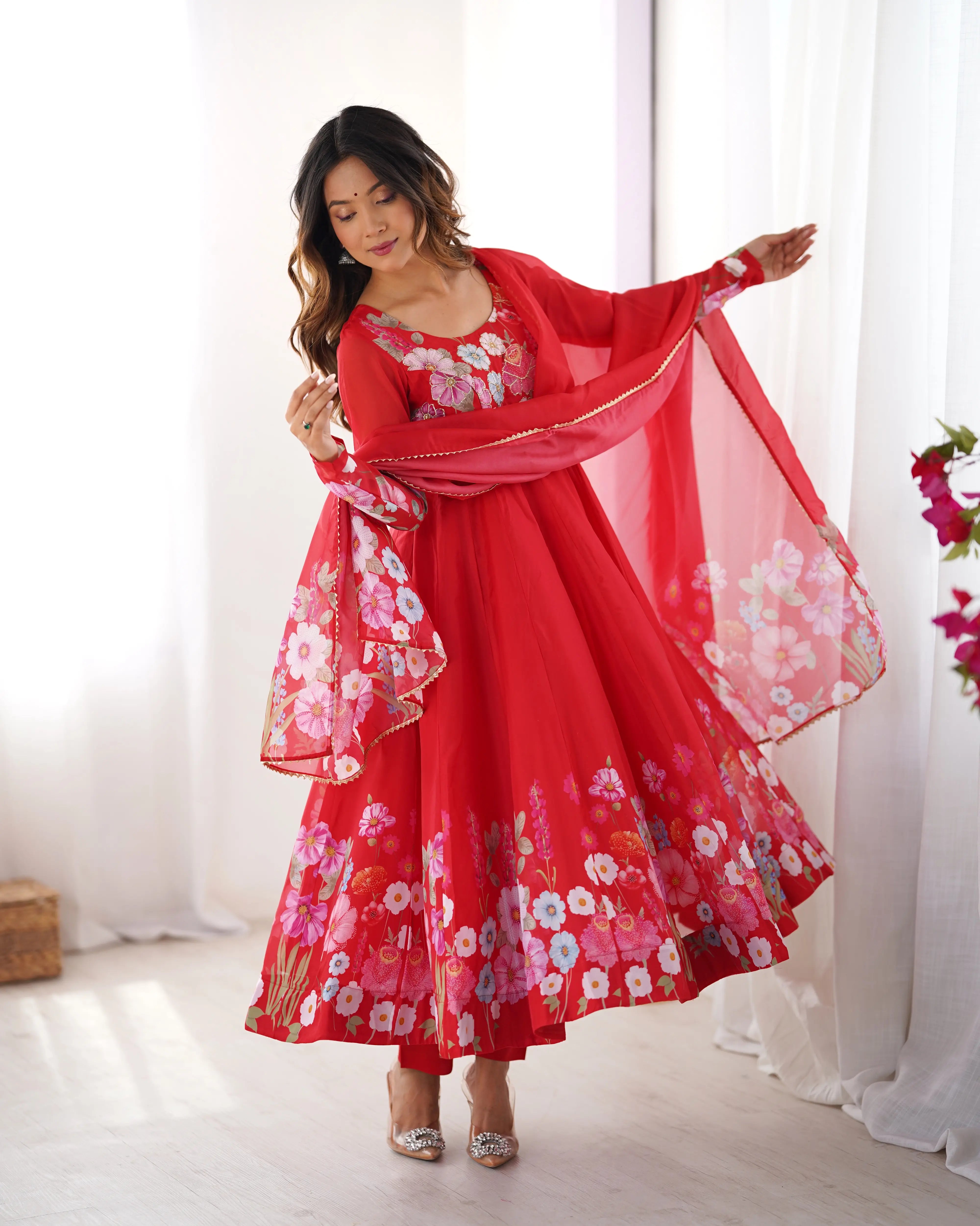 Pure Organza Silk Printed Anarkali Set with Badla Jari Handwork & Gota Patti Dupatta