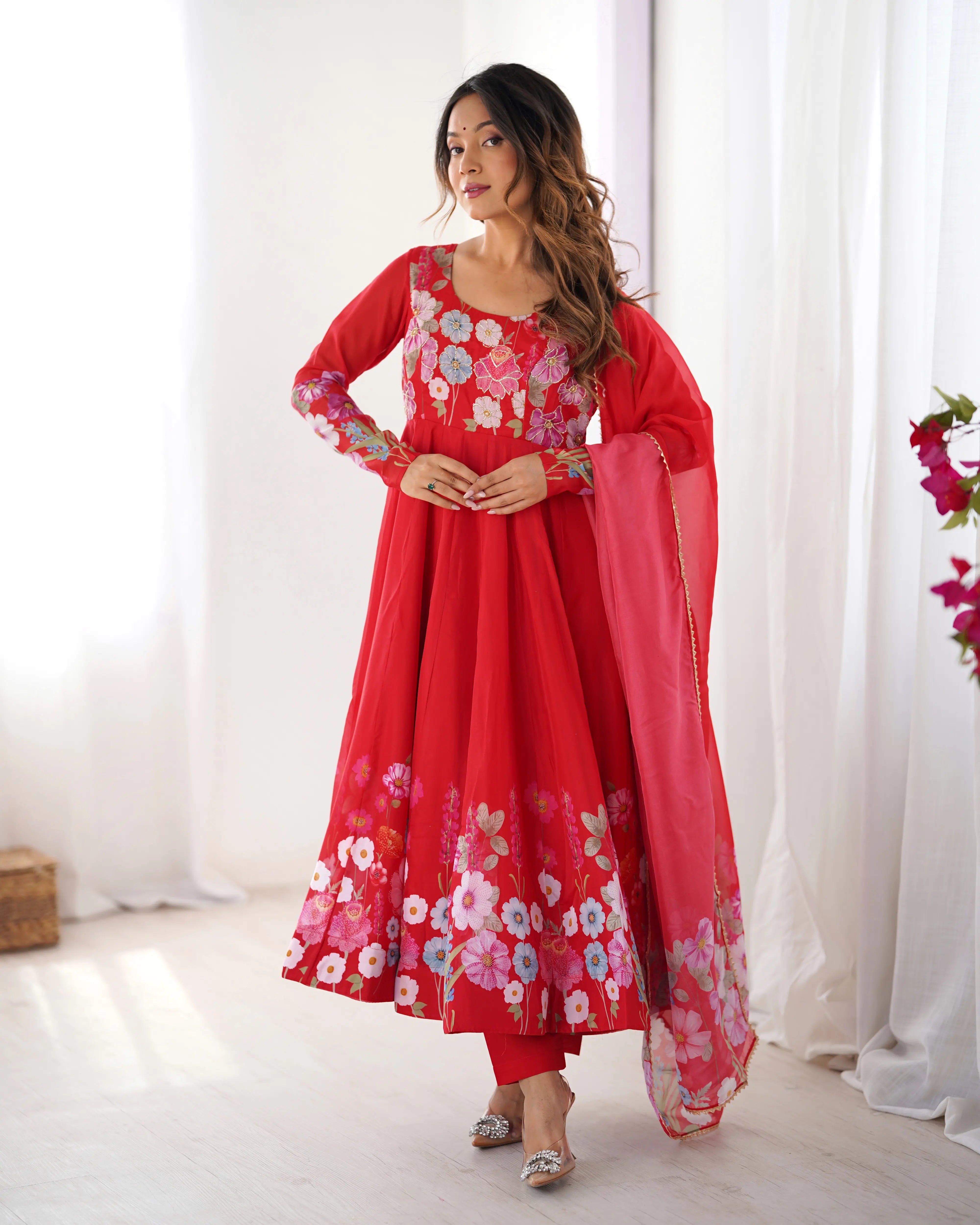 Pure Organza Silk Printed Anarkali Set with Badla Jari Handwork & Gota Patti Dupatta