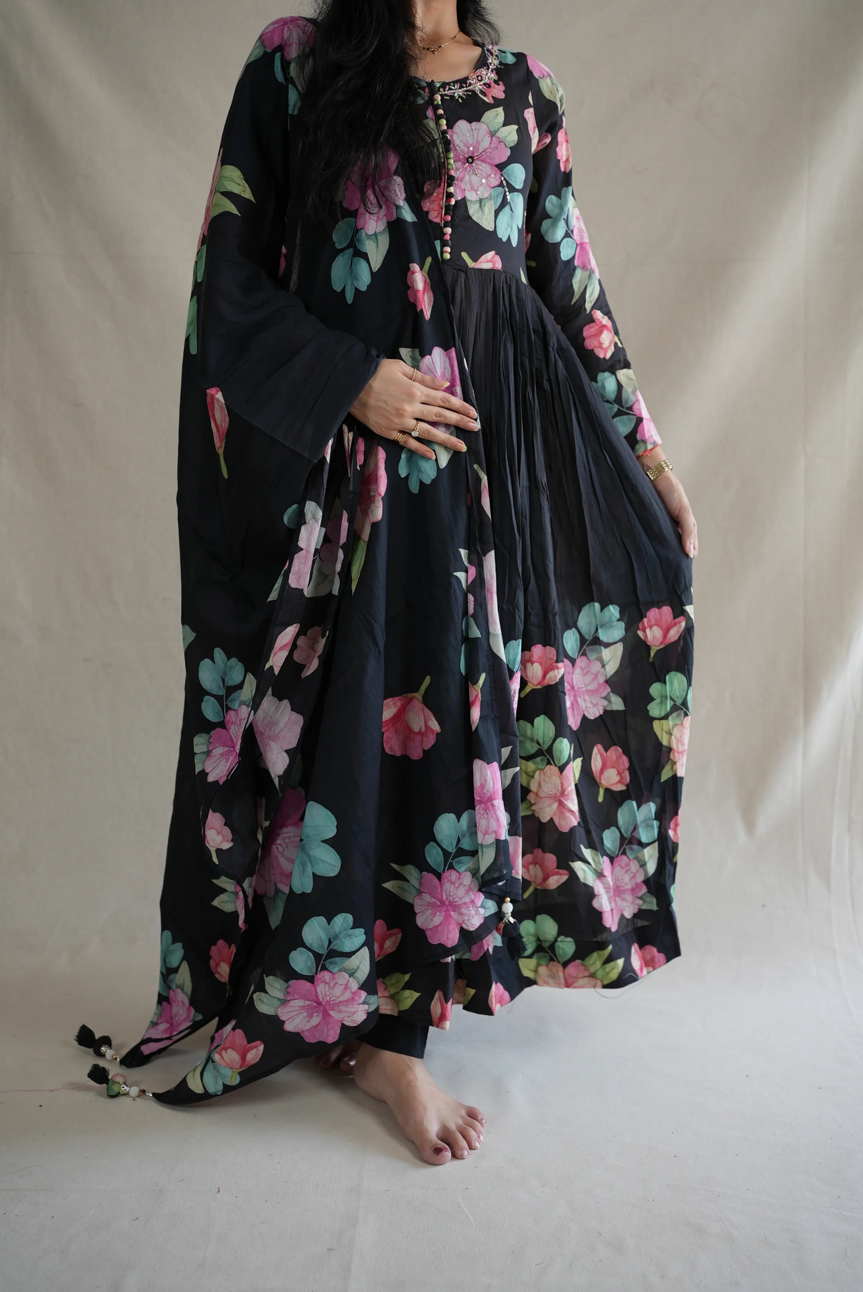 MAL COTTAN FABRIC FLORAL PRINT 3-PIECE SUIT WITH MIRROR AND ZARKAN WORK