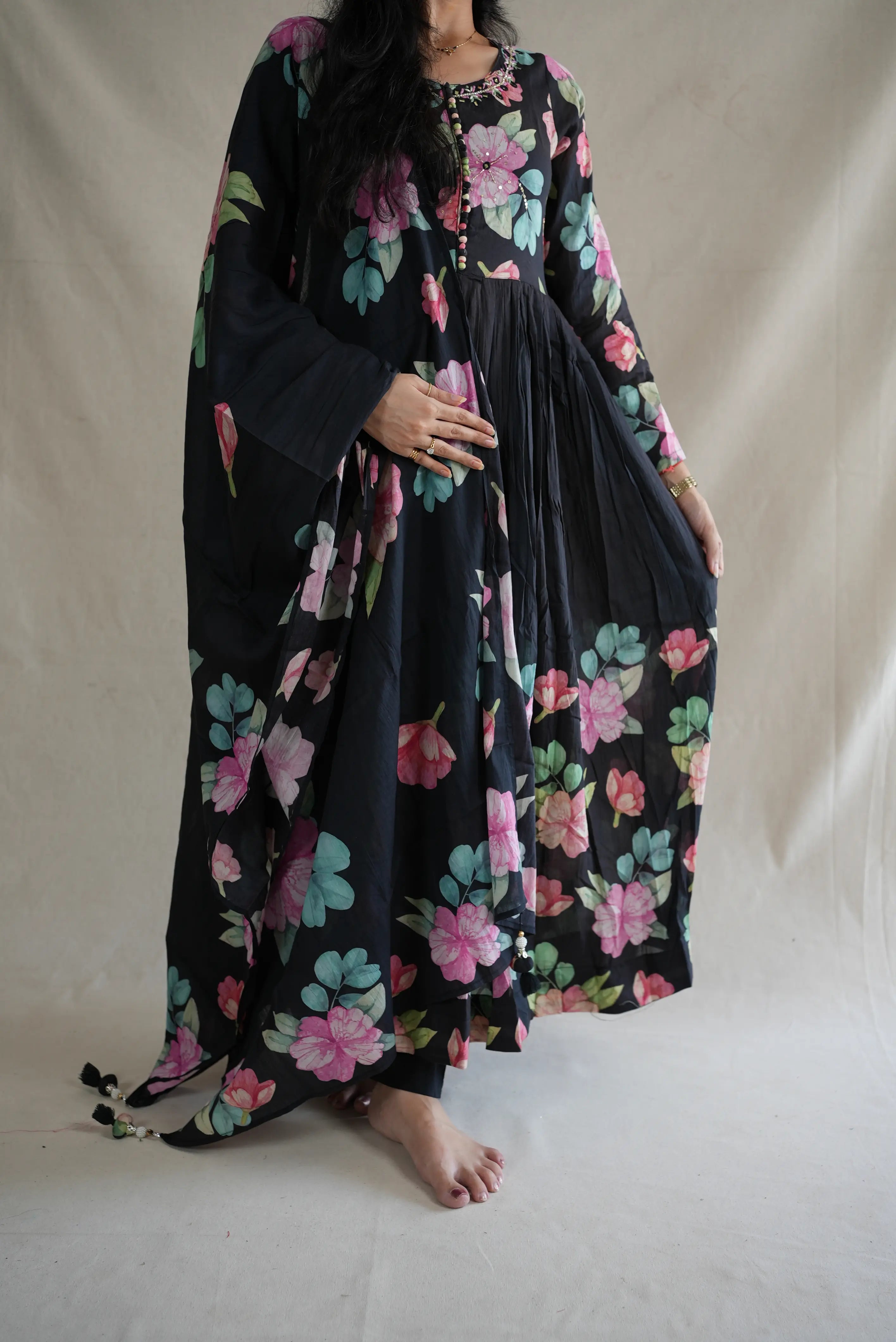 MAL COTTAN FABRIC FLORAL PRINT 3-PIECE SUIT WITH MIRROR AND ZARKAN WORK
