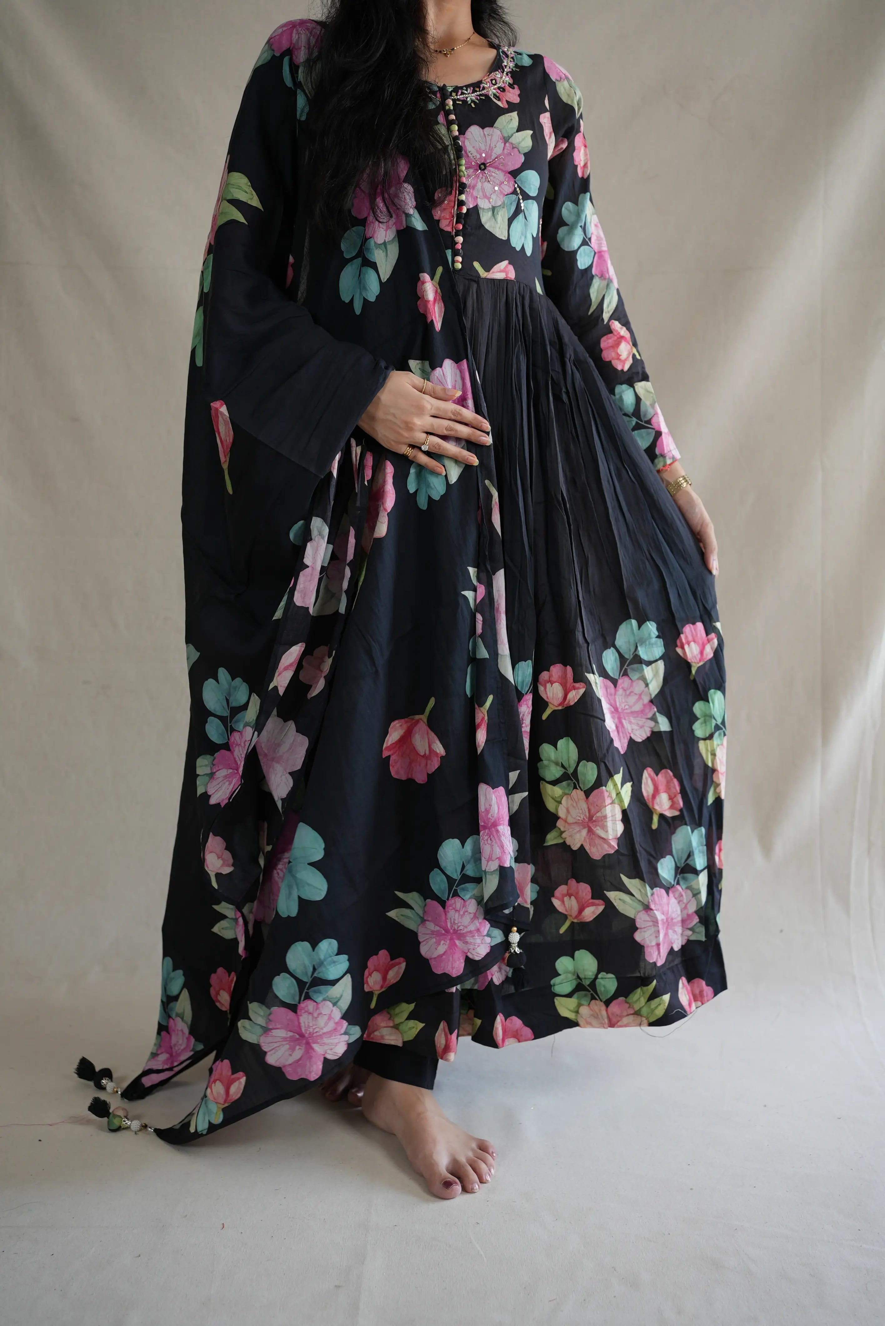 MAL COTTAN FABRIC FLORAL PRINT 3-PIECE SUIT WITH MIRROR AND ZARKAN WORK