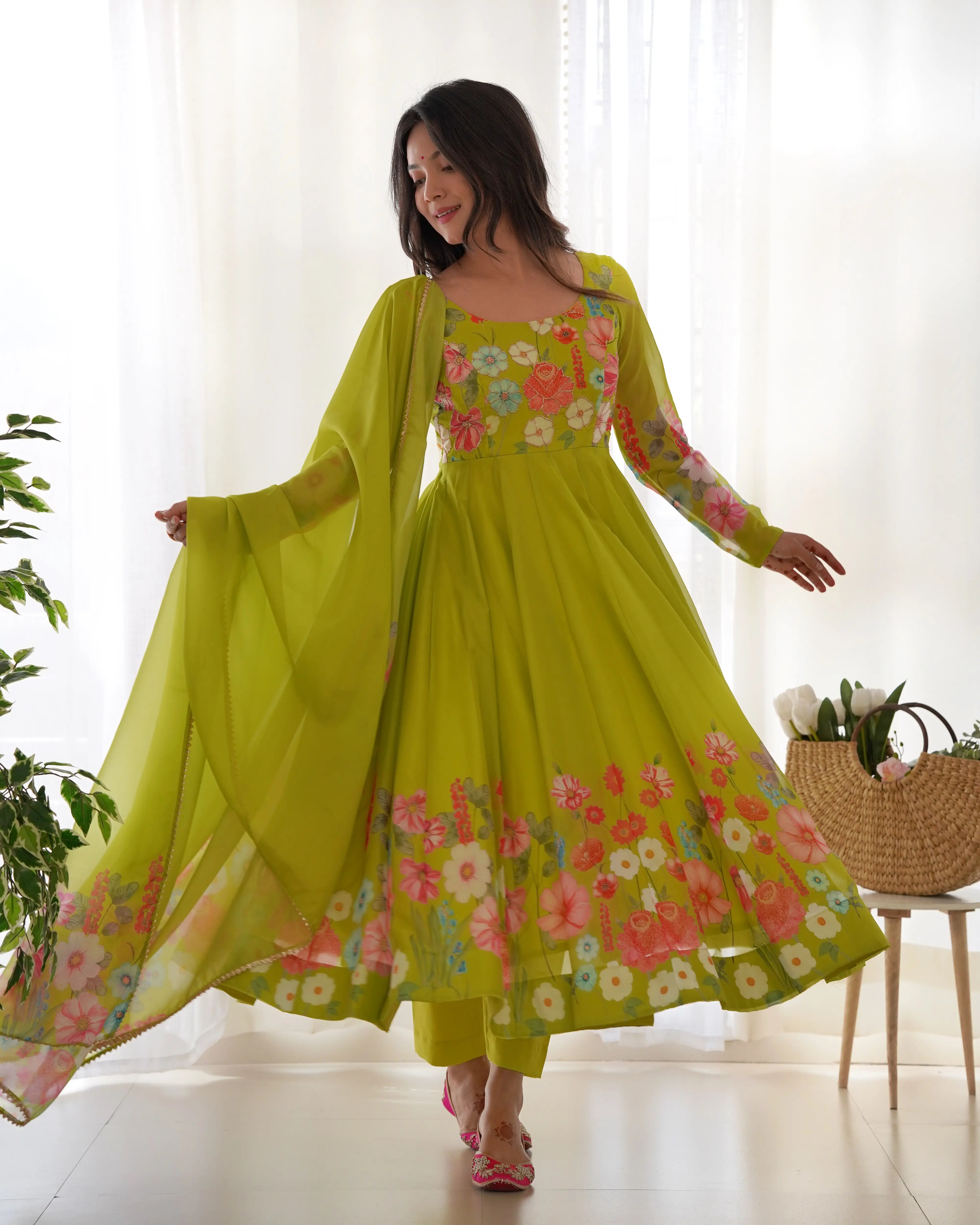 Pure Organza Silk Printed Anarkali Set with Badla Jari Handwork & Gota Patti Dupatta