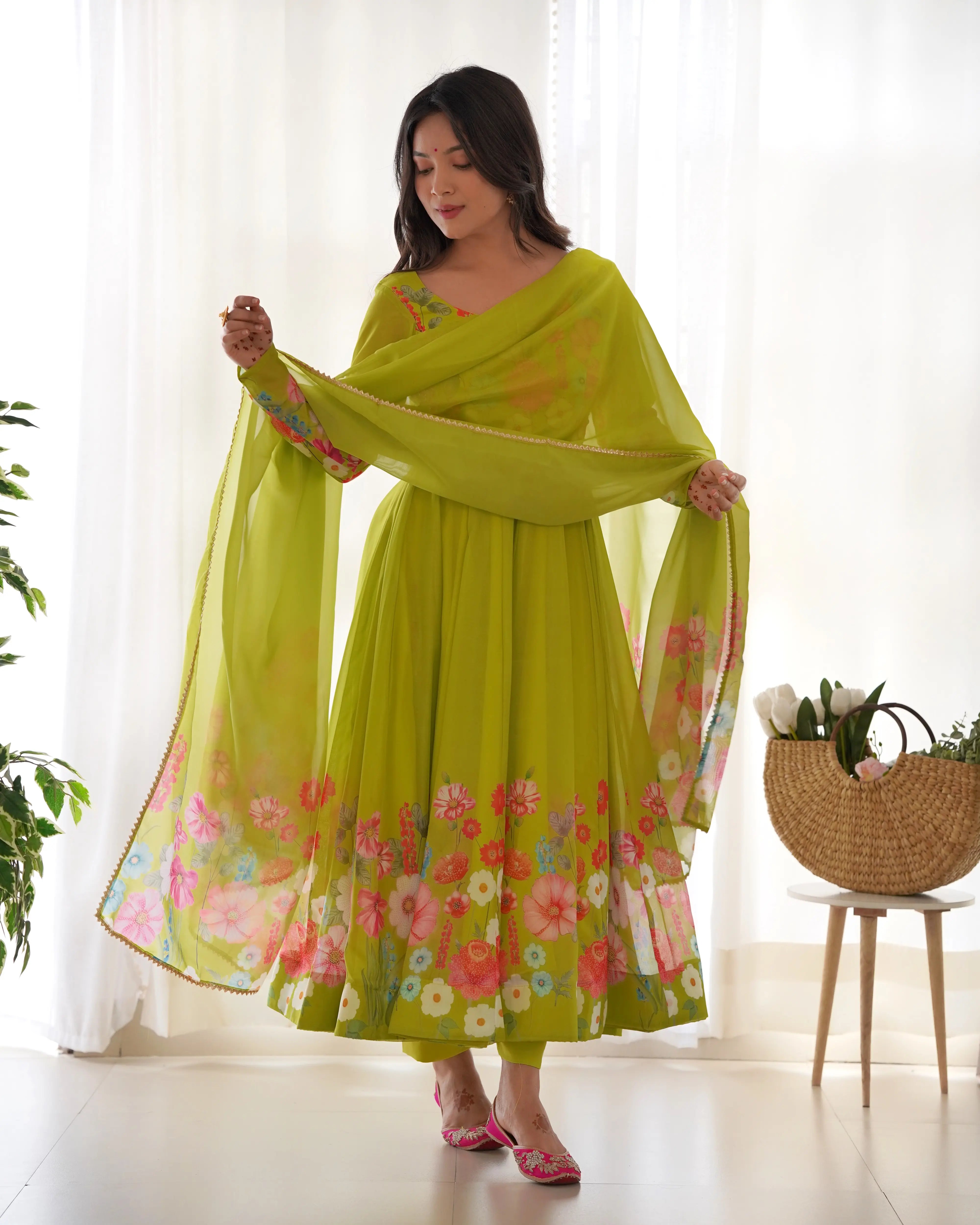 Pure Organza Silk Printed Anarkali Set with Badla Jari Handwork & Gota Patti Dupatta