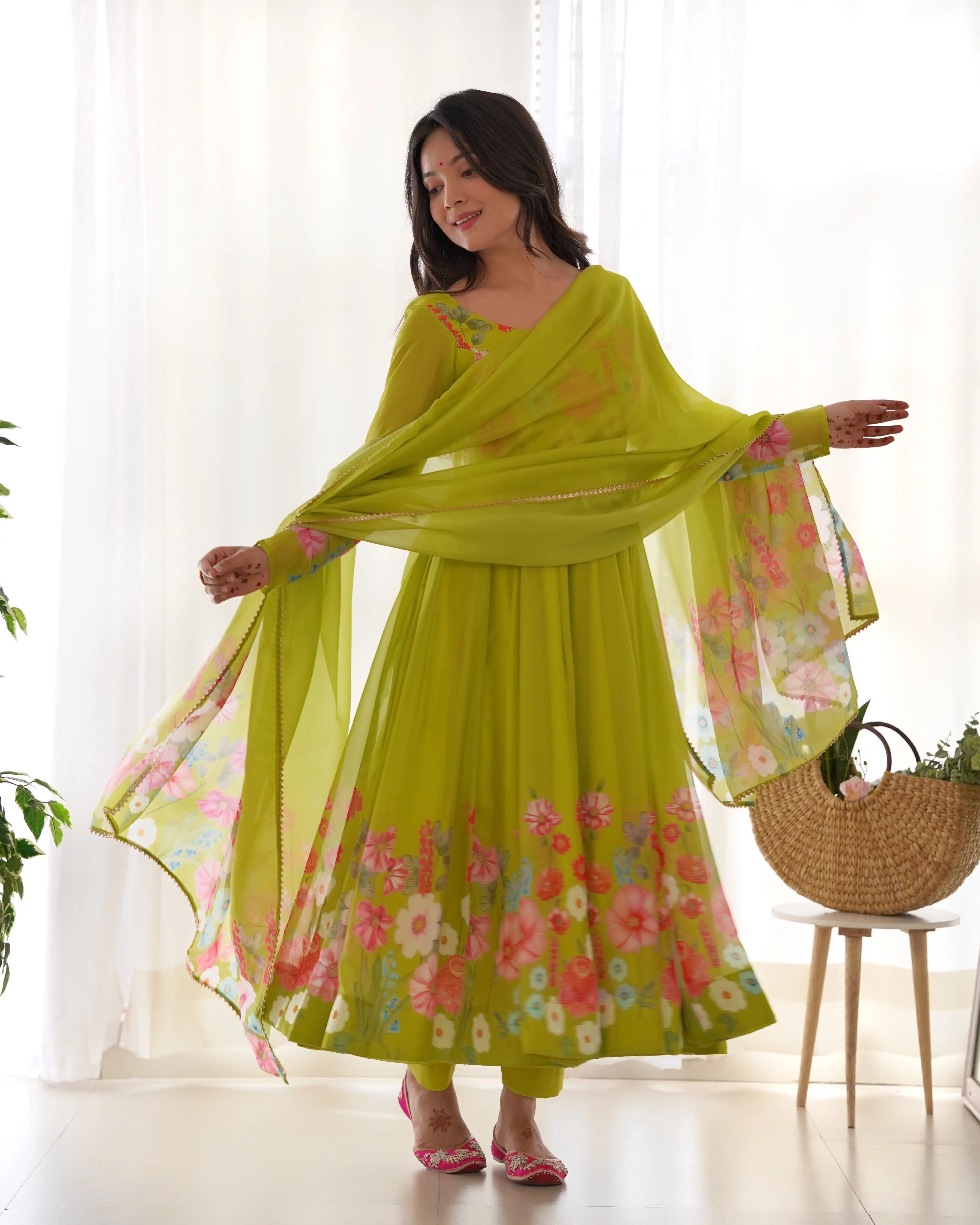 Pure Organza Silk Printed Anarkali Set with Badla Jari Handwork & Gota Patti Dupatta