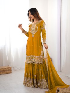 Designer Faux Georgette Top with Sharara & Embroidered Dupatta Set