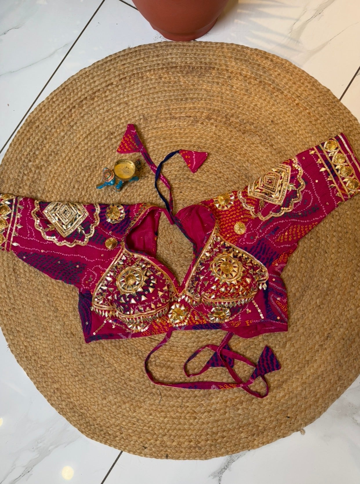 Hand Bandhej Rani Pink Ojhariya Fabric Gota Patti Work Rajastani Aangi Blouse