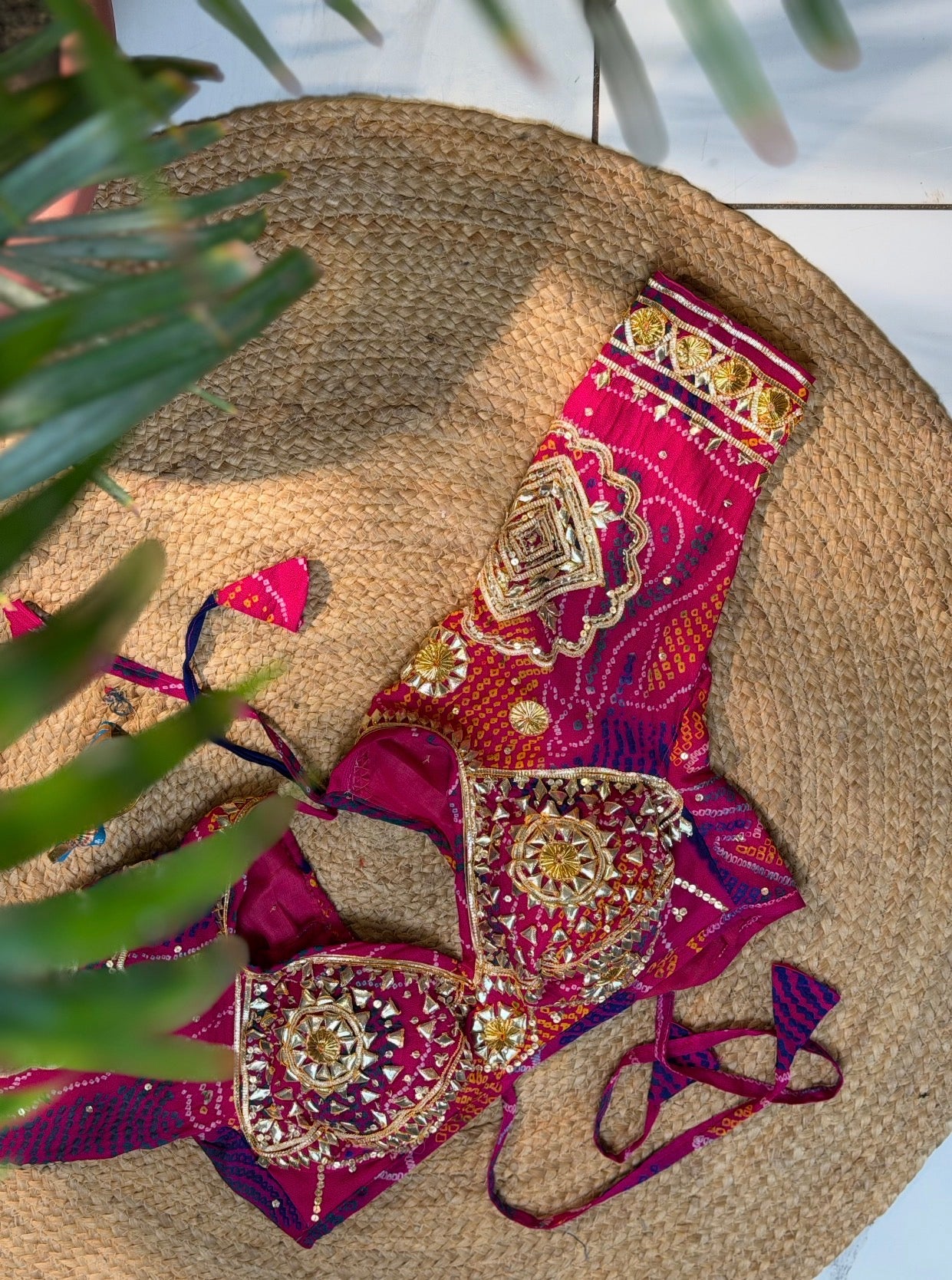 Hand Bandhej Rani Pink Ojhariya Fabric Gota Patti Work Rajastani Aangi Blouse