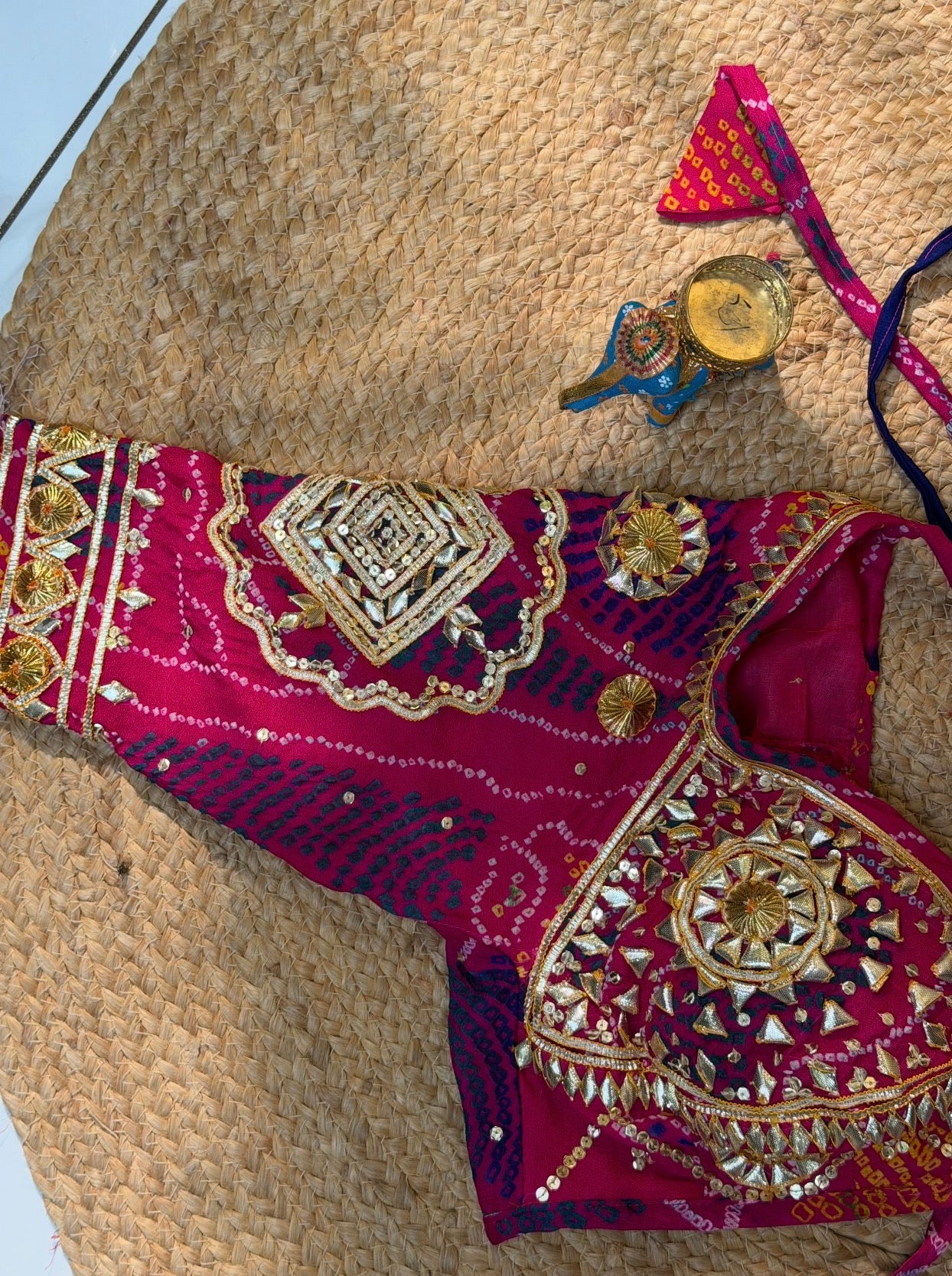 Hand Bandhej Rani Pink Ojhariya Fabric Gota Patti Work Rajastani Aangi Blouse