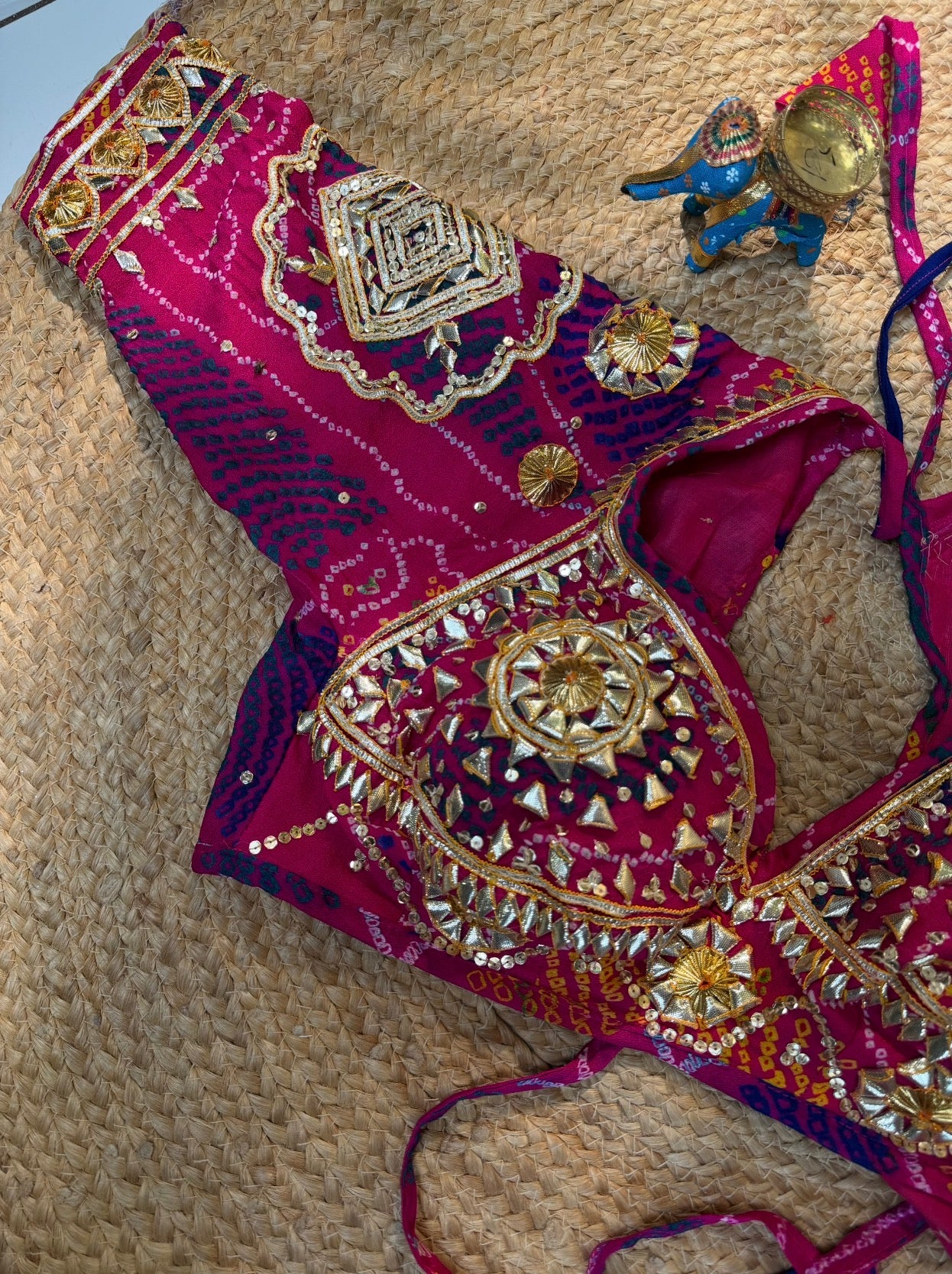 Hand Bandhej Rani Pink Ojhariya Fabric Gota Patti Work Rajastani Aangi Blouse