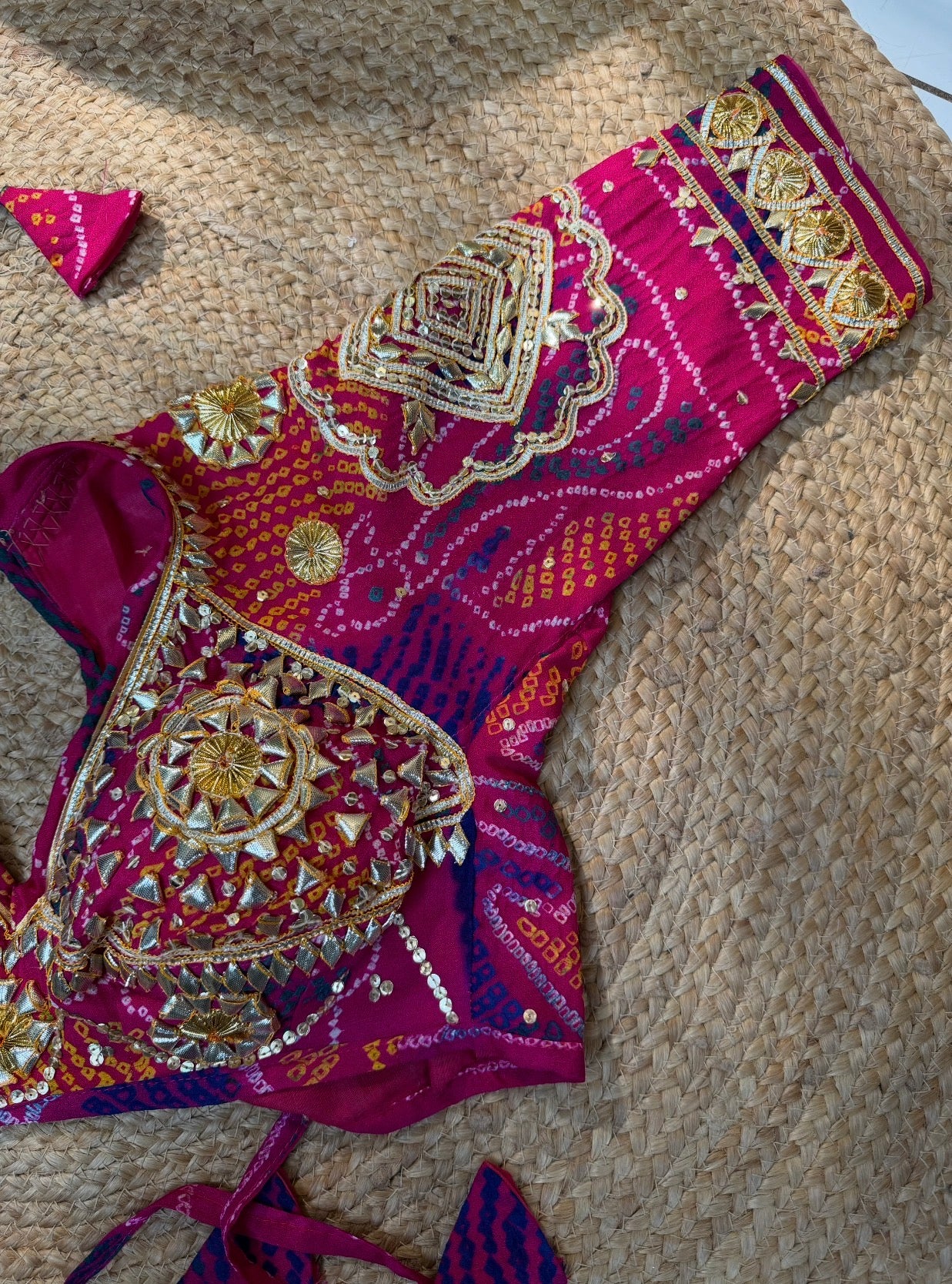 Hand Bandhej Rani Pink Ojhariya Fabric Gota Patti Work Rajastani Aangi Blouse