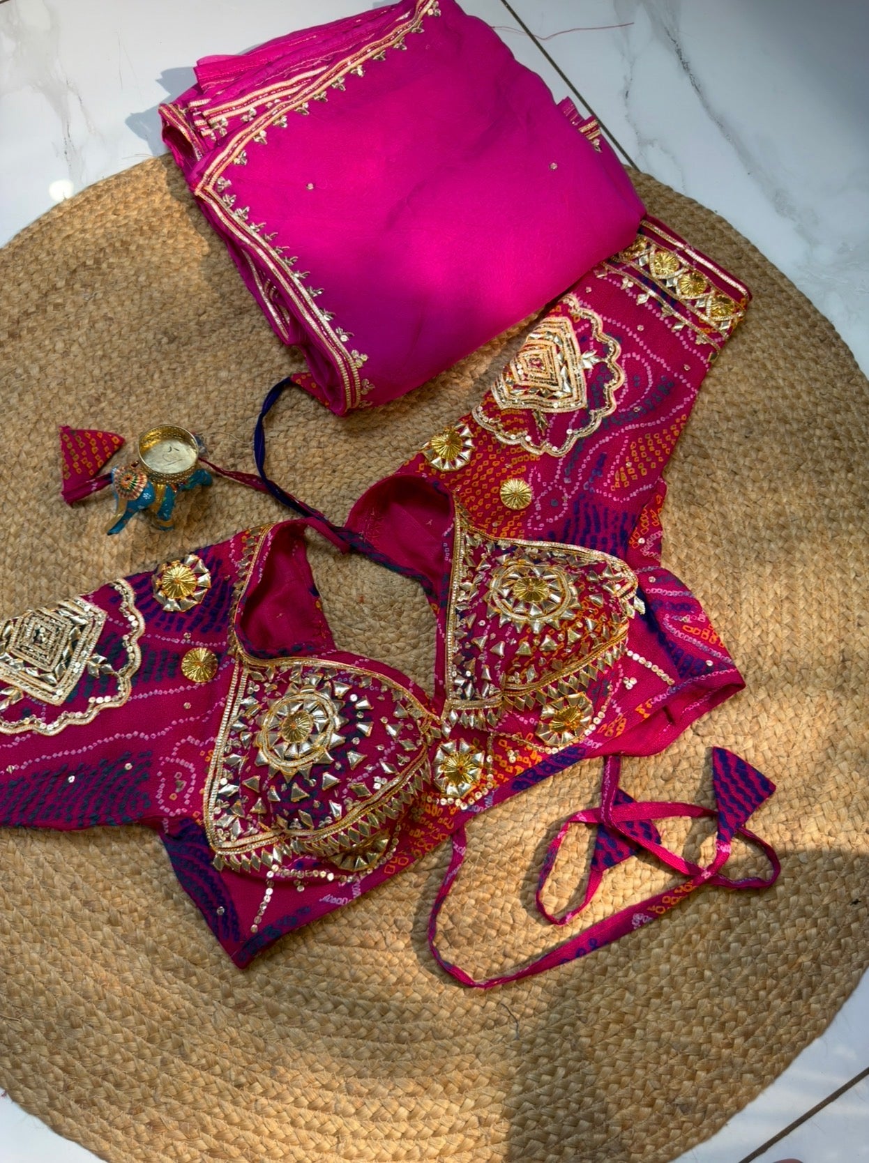 Pure Organza Rani Pink Sequence & Bits Handwork Saree