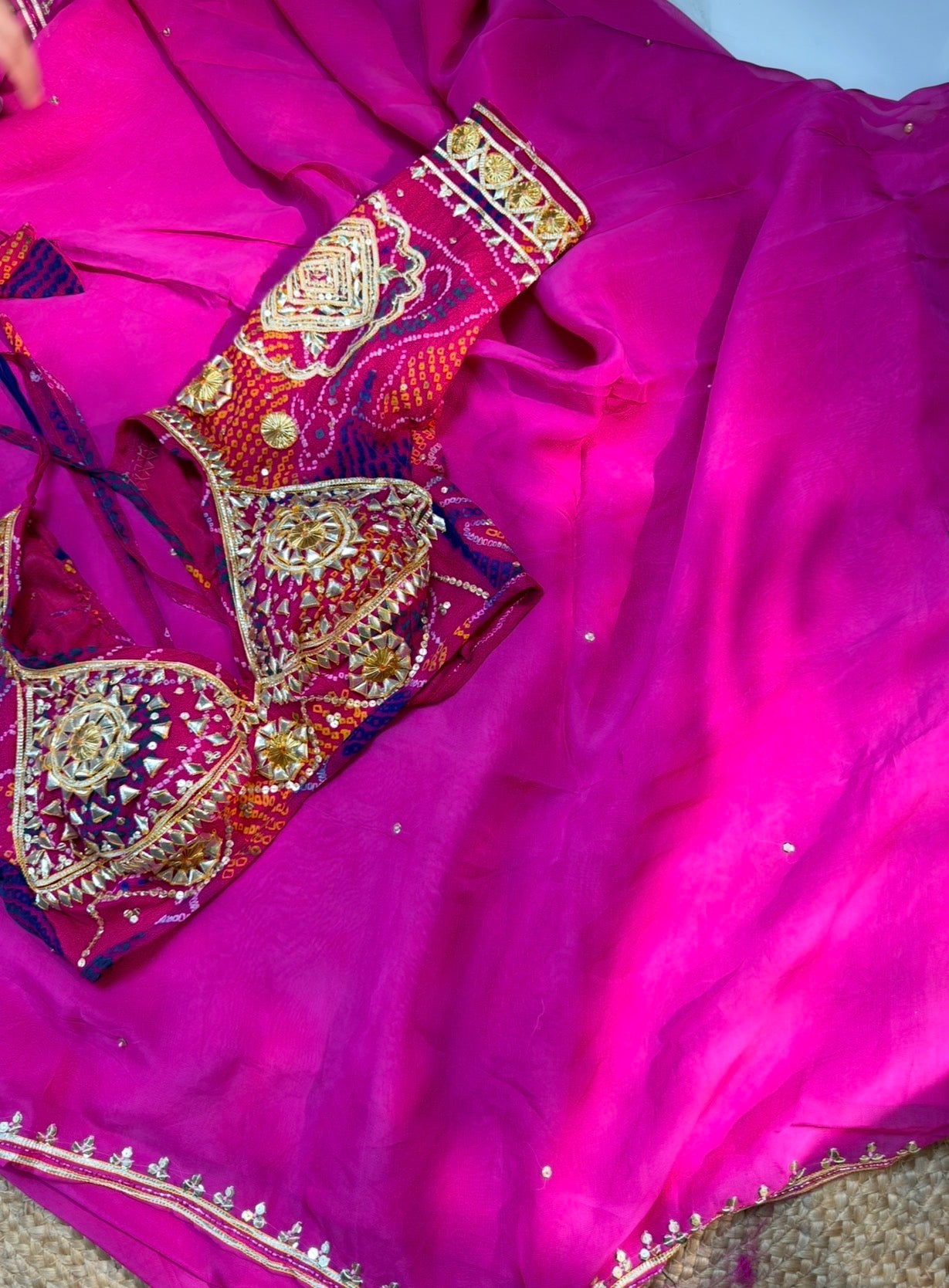Pure Organza Rani Pink Sequence & Bits Handwork Saree