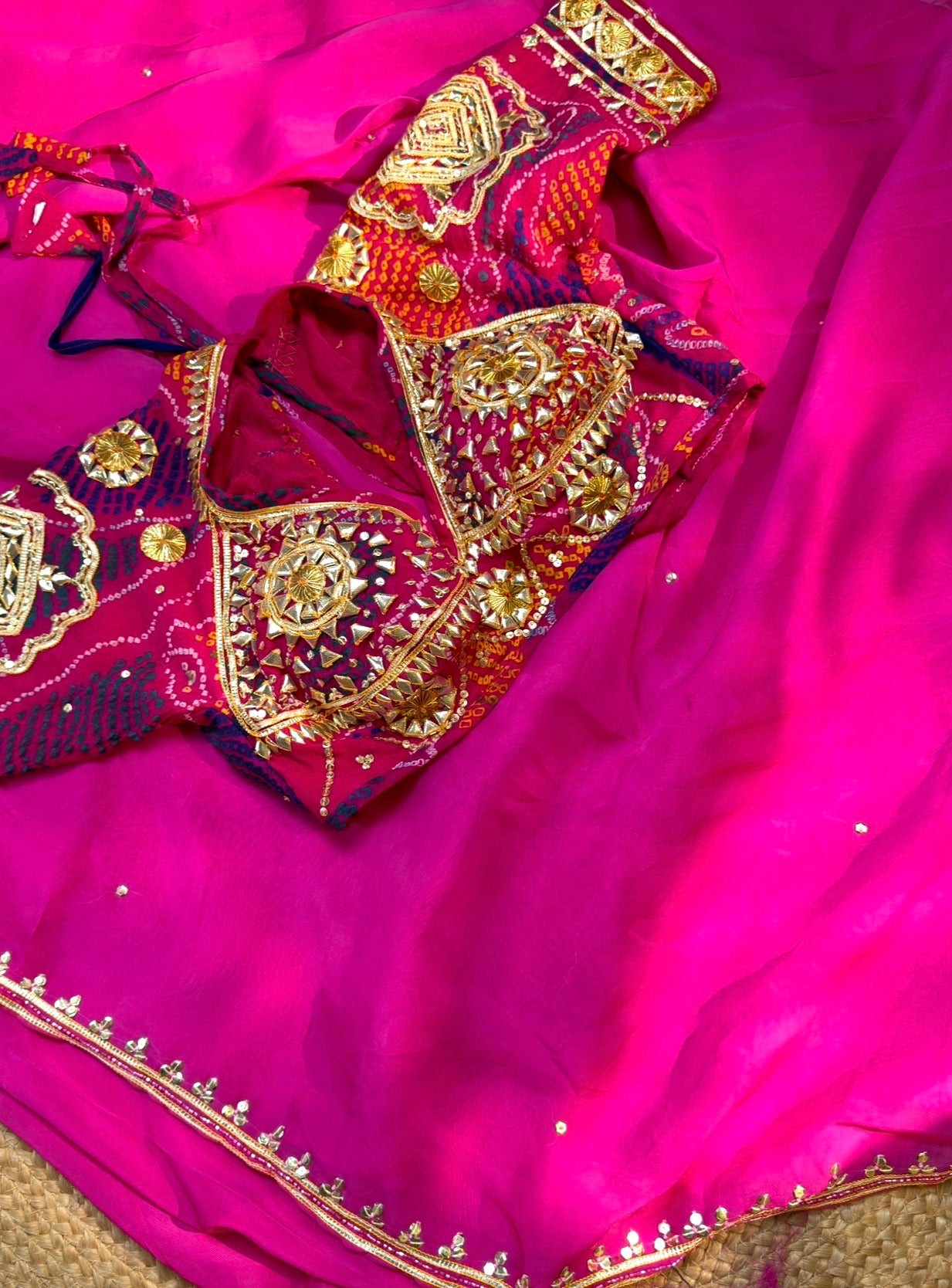 Pure Organza Rani Pink Sequence & Bits Handwork Saree