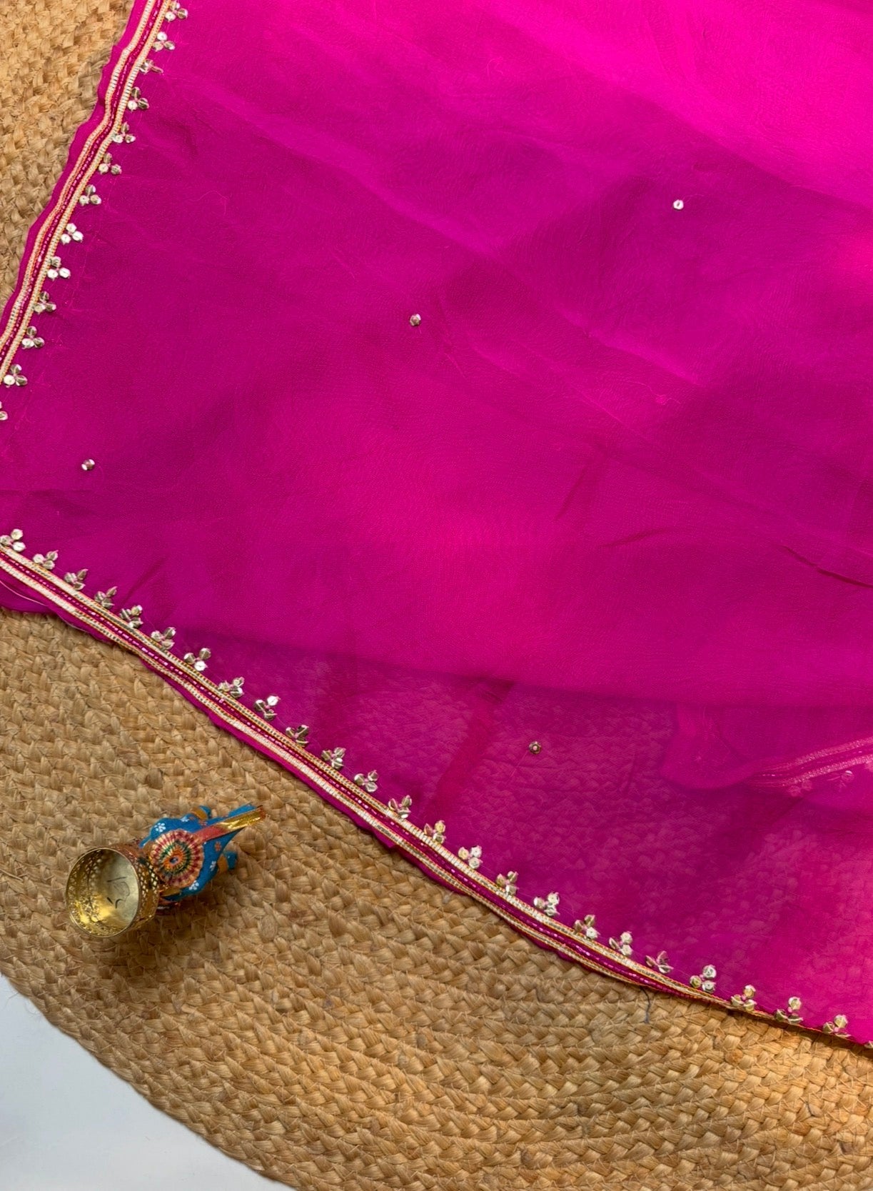 Pure Organza Rani Pink Sequence & Bits Handwork Saree