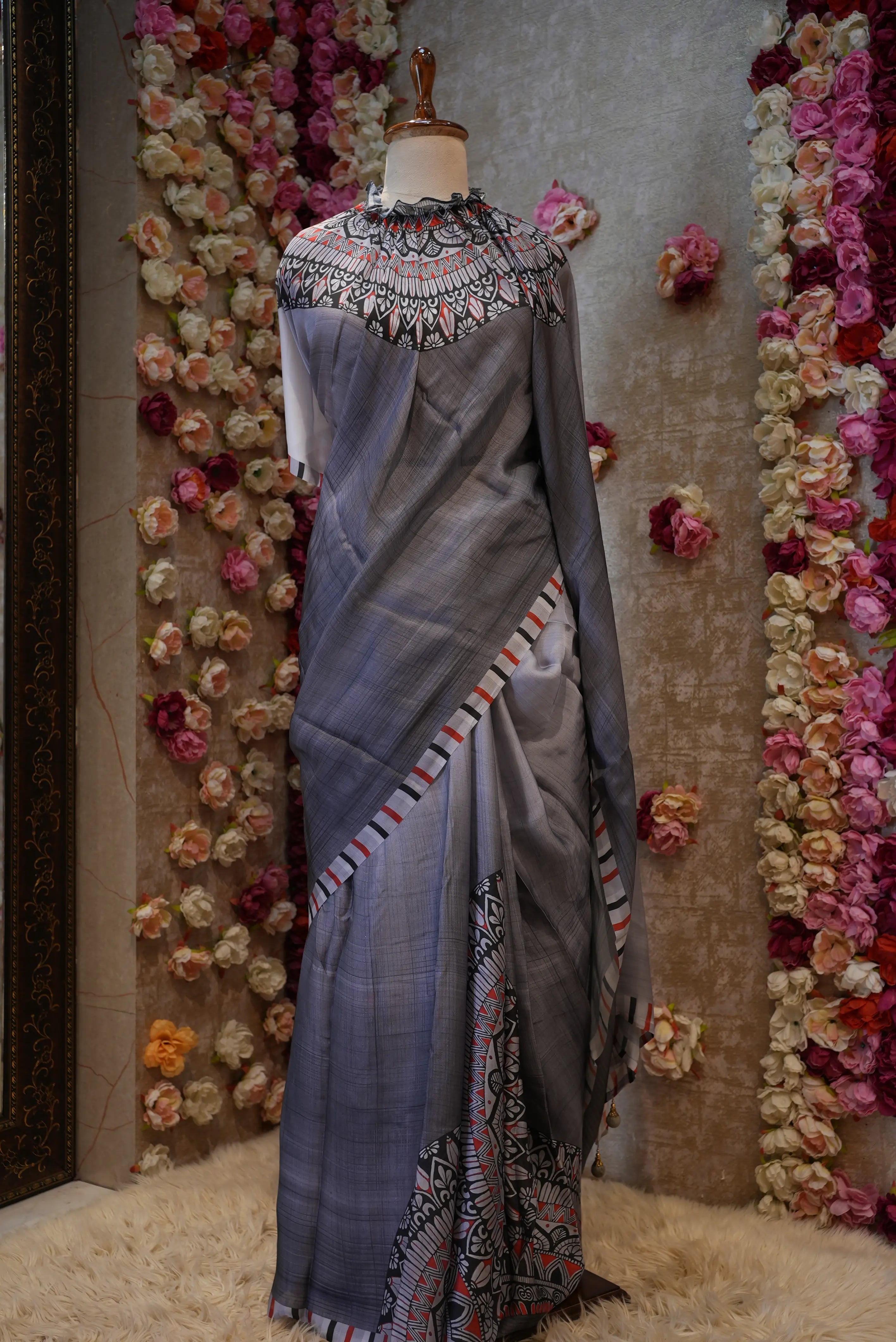 Lightweight Satin Printed Poncho Saree with Blouse