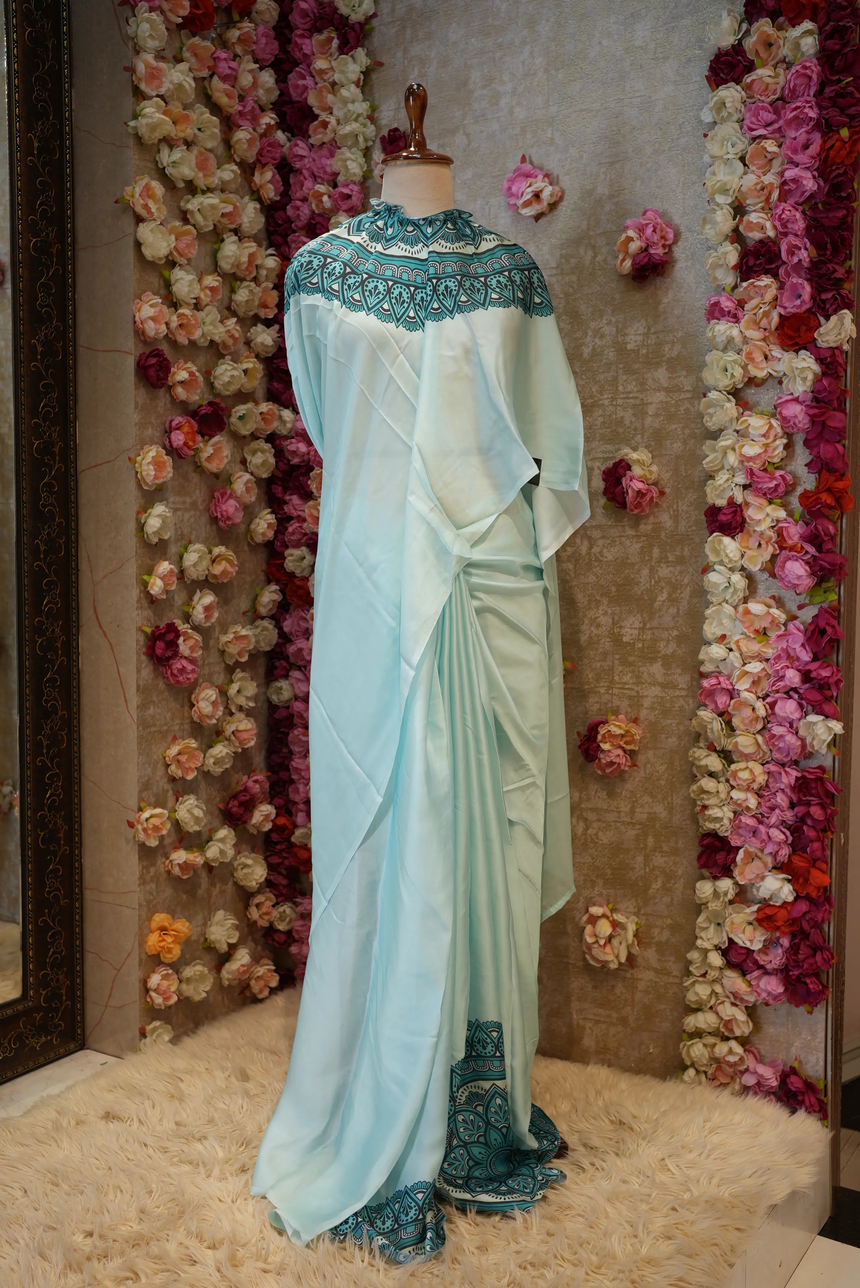 Lightweight Satin Printed Poncho Saree with Blouse