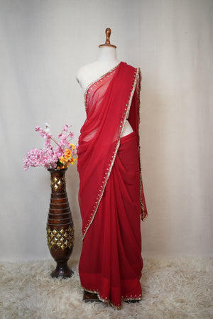 RED COLOUR SPECIAL SAREE WITH PURE AARI WORK & PANJABI LACE (FULL CUSTOMIZABLE) ##SR574