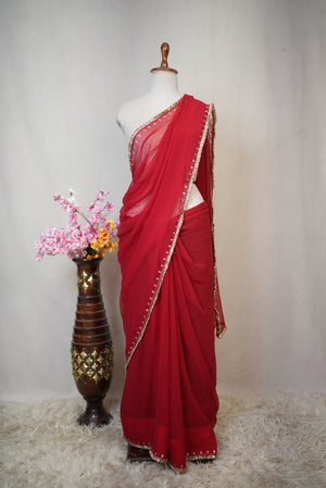 RED COLOUR SPECIAL SAREE WITH PURE AARI WORK & PANJABI LACE (FULL CUSTOMIZABLE) ##SR574