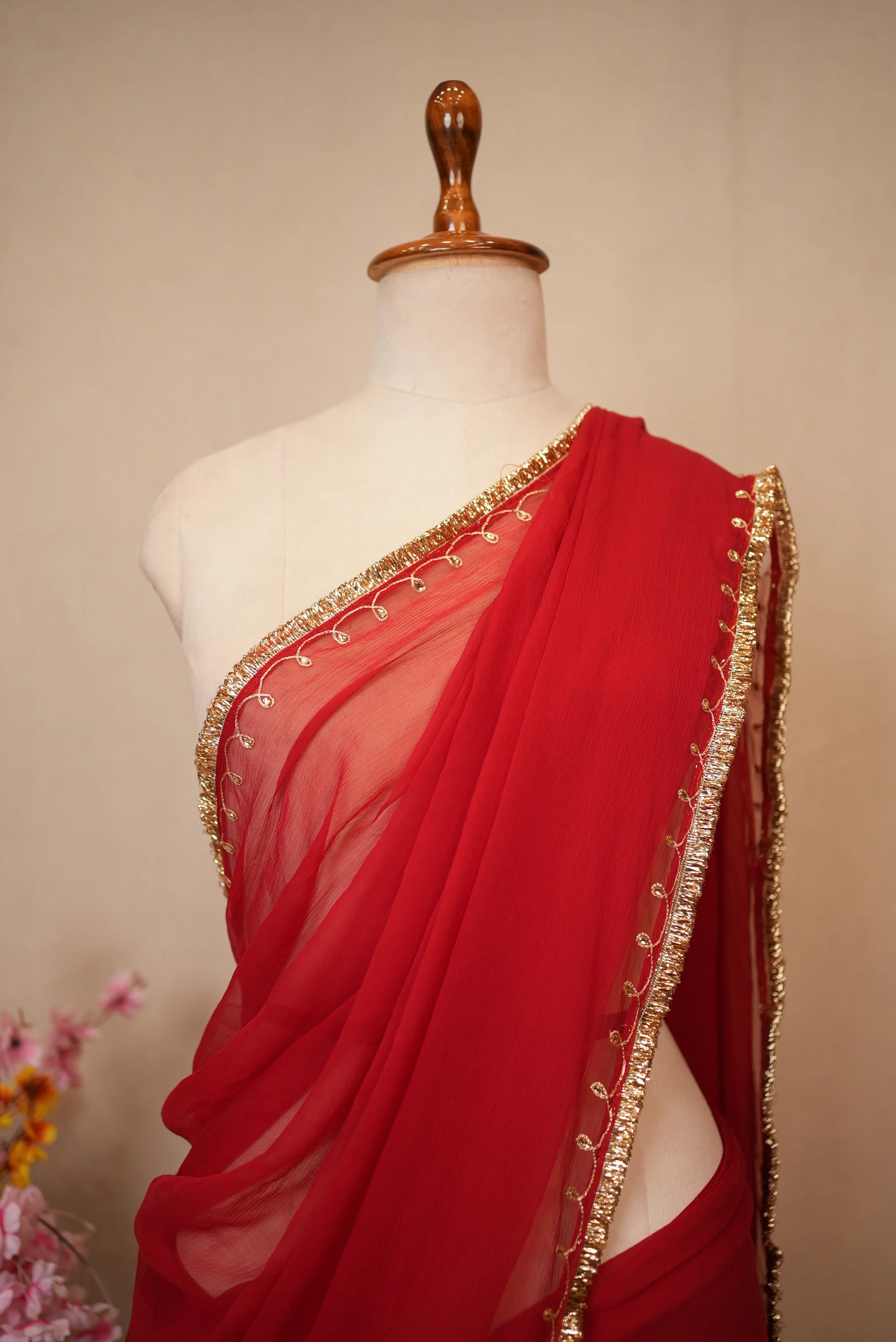RED COLOUR SPECIAL SAREE WITH PURE AARI WORK & PANJABI LACE (FULL CUSTOMIZABLE) ##SR574