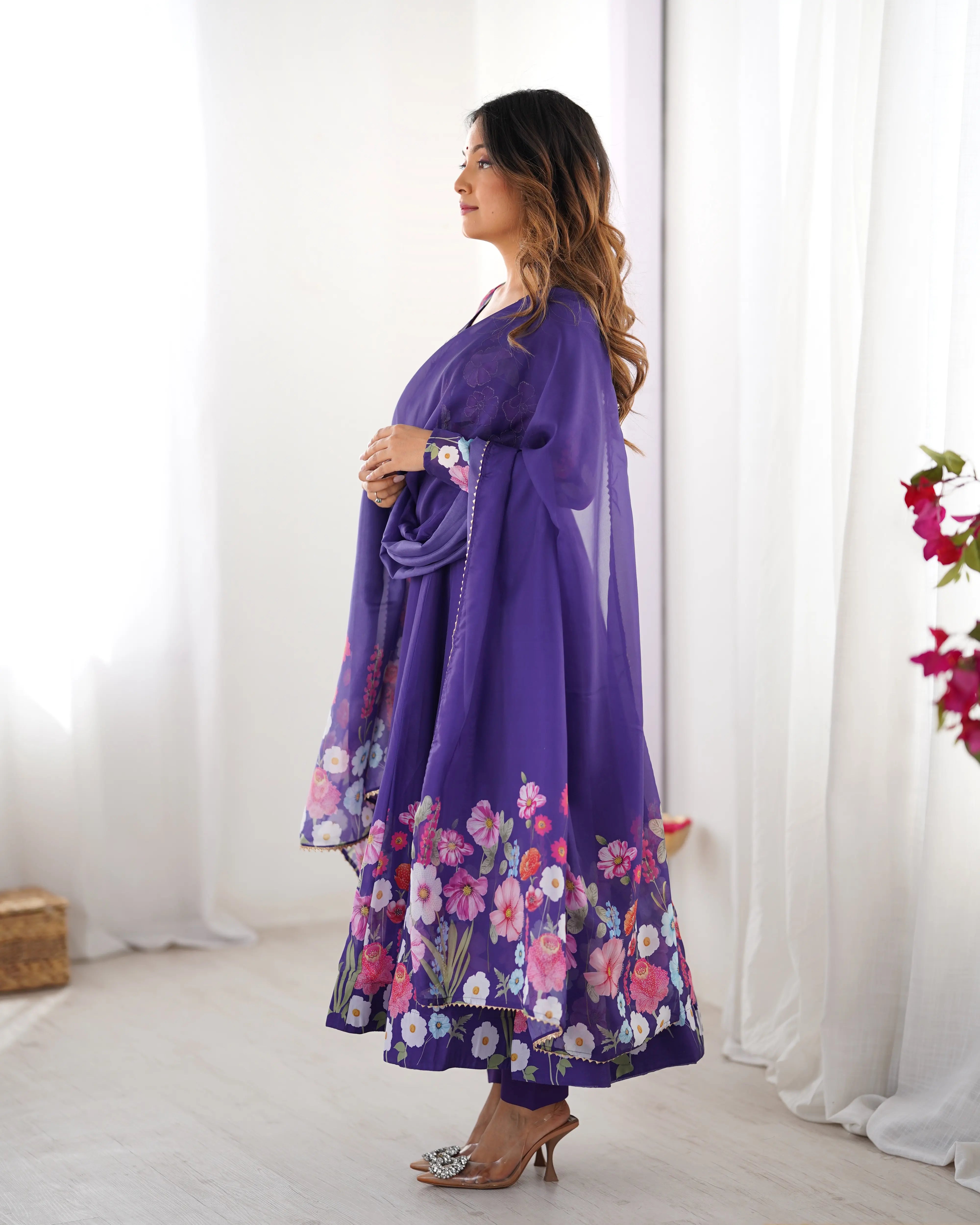 Pure Organza Silk Printed Anarkali Set with Badla Jari Handwork & Gota Patti Dupatta
