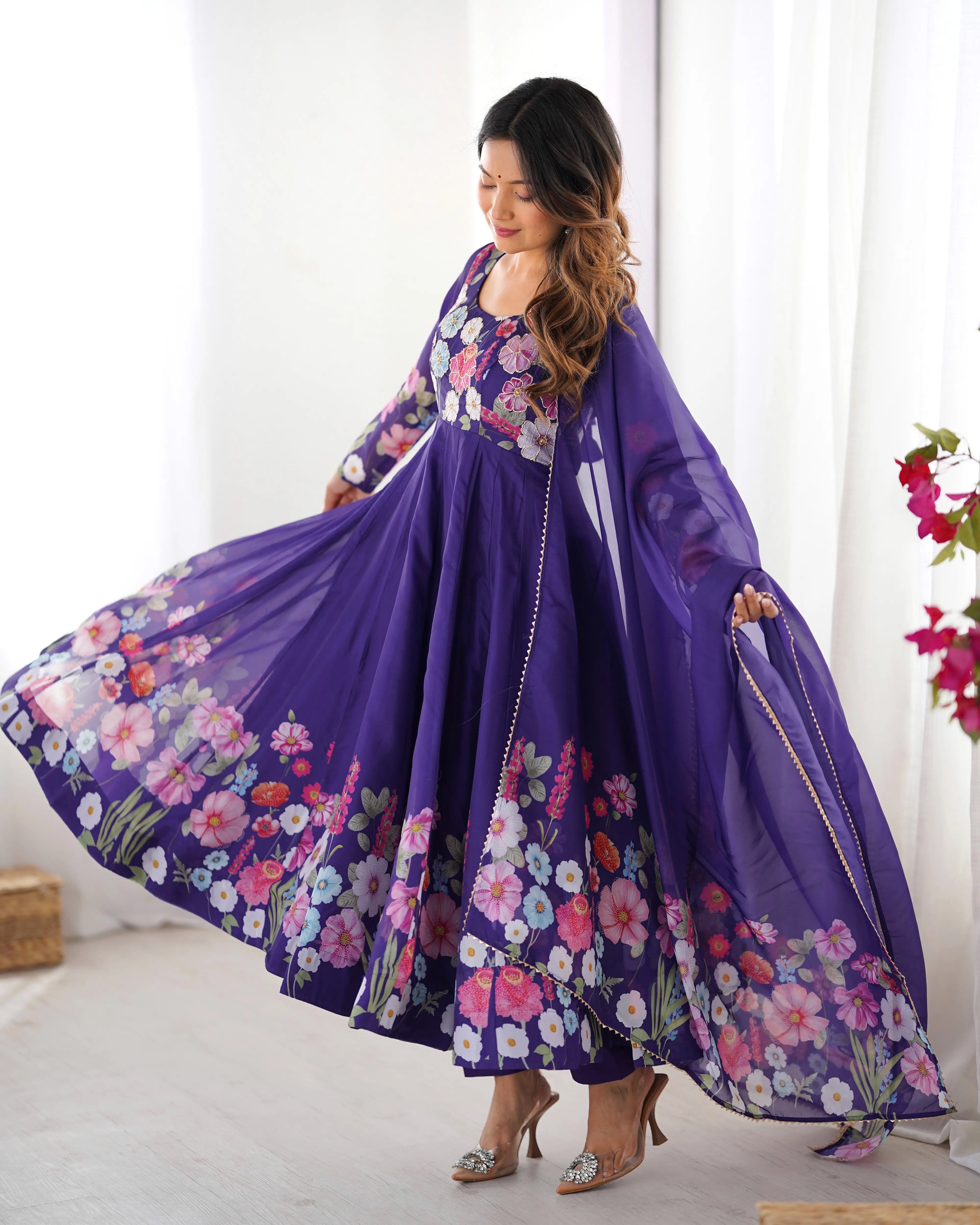 Pure Organza Silk Printed Anarkali Set with Badla Jari Handwork & Gota Patti Dupatta