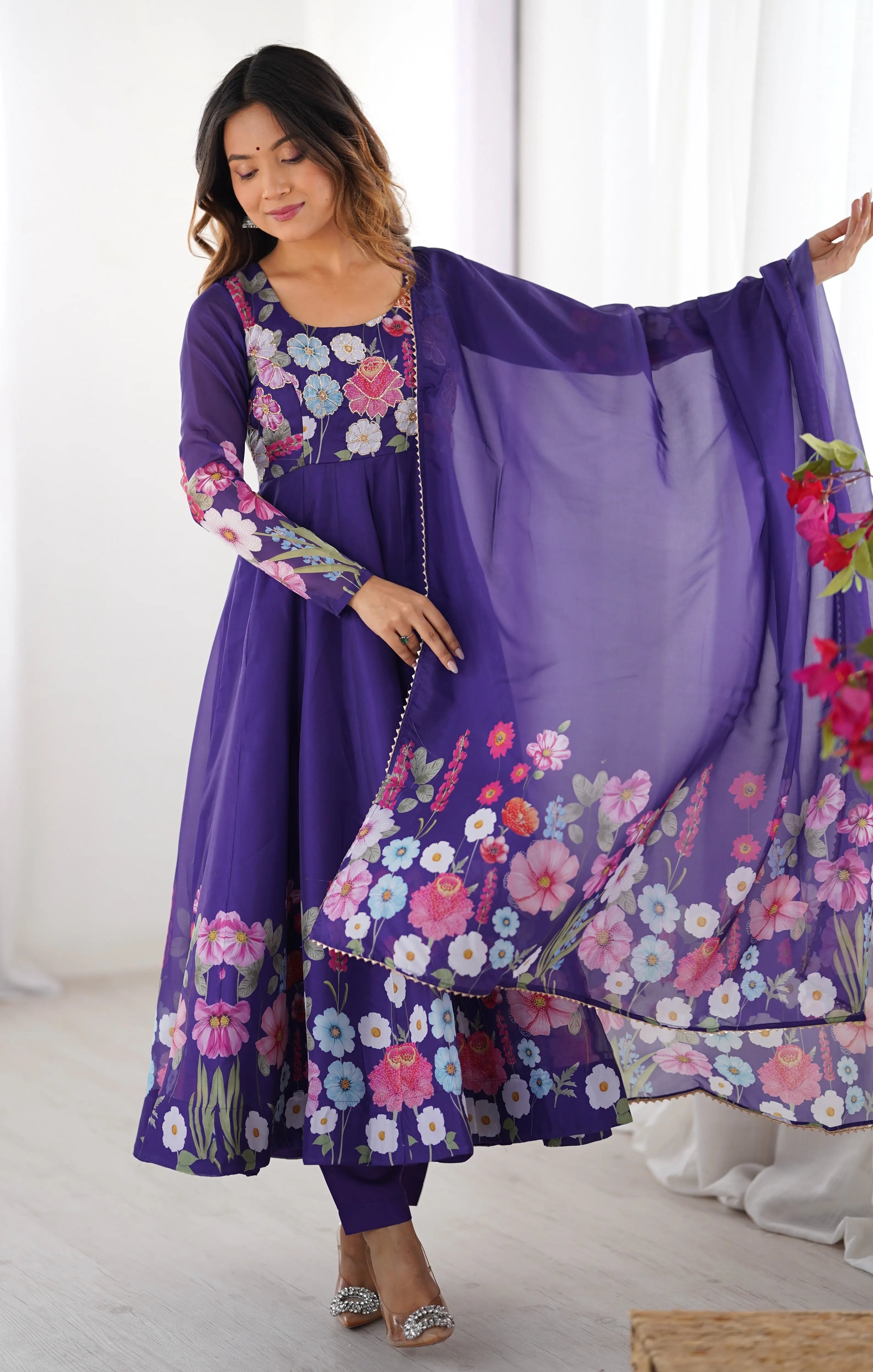 Pure Organza Silk Printed Anarkali Set with Badla Jari Handwork & Gota Patti Dupatta