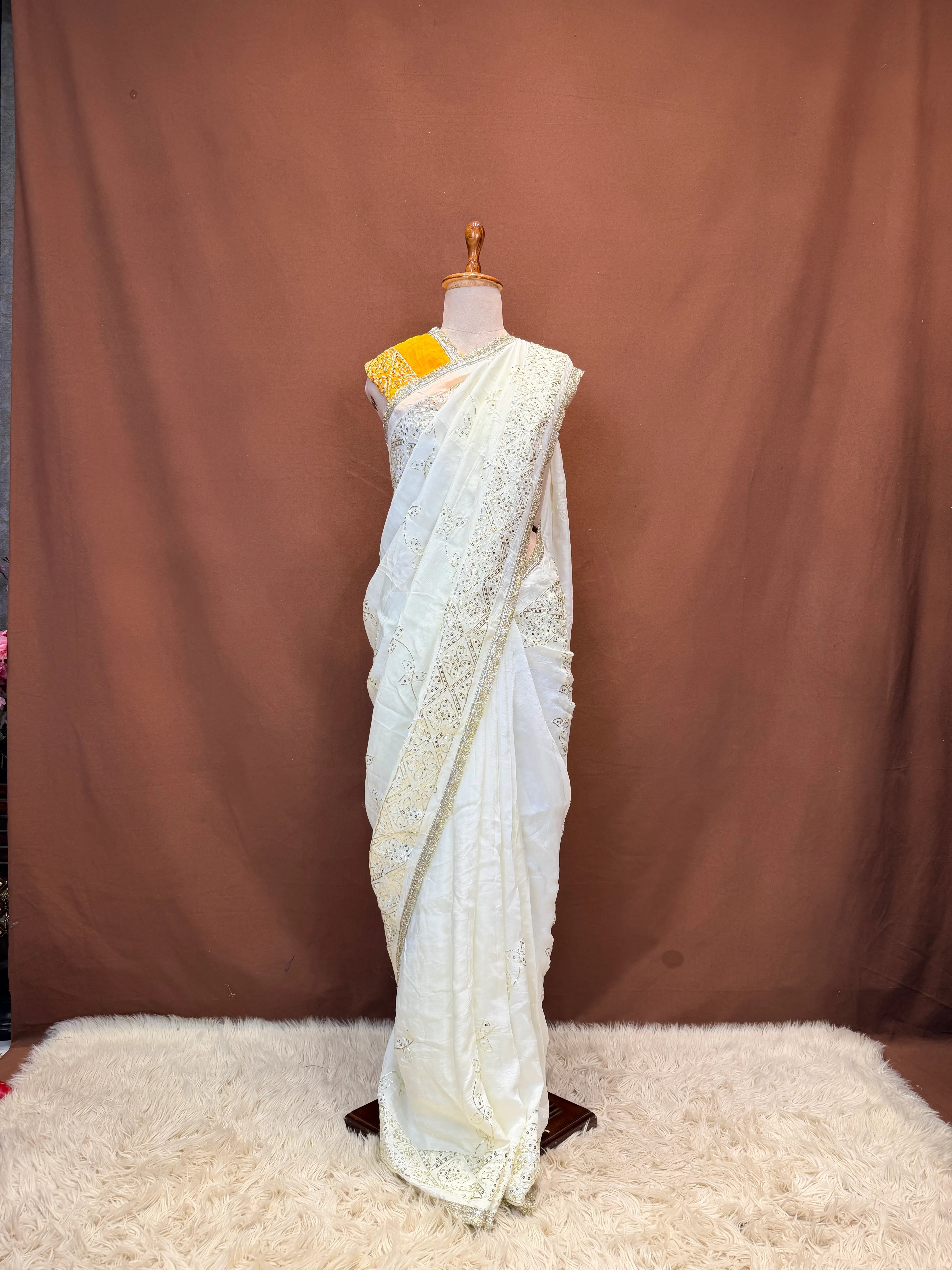 HO Silk Fabric Saree With Kacha Gota Patti And sequence Work (With Contrast Blouse)