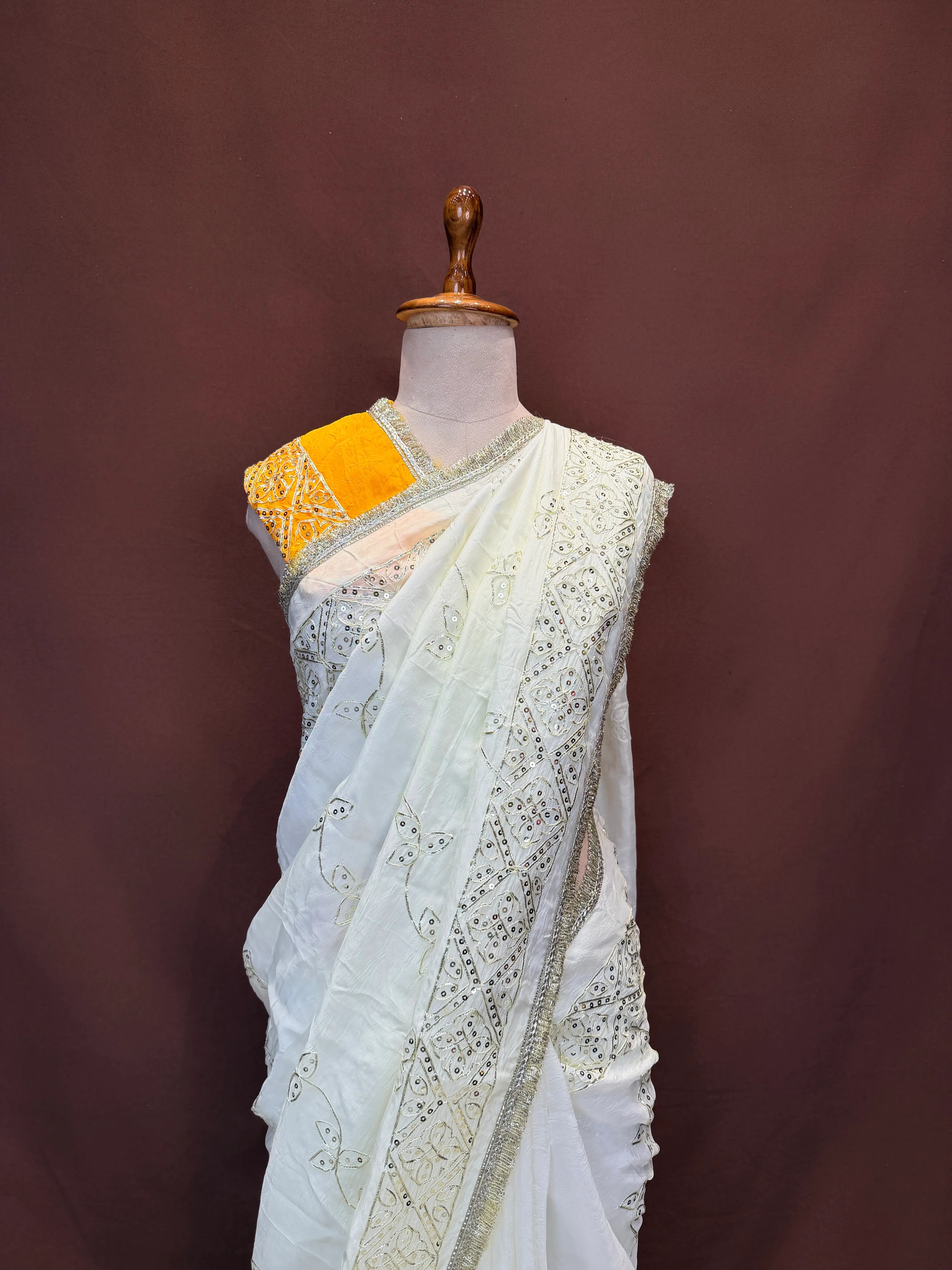HO Silk Fabric Saree With Kacha Gota Patti And sequence Work (With Contrast Blouse)