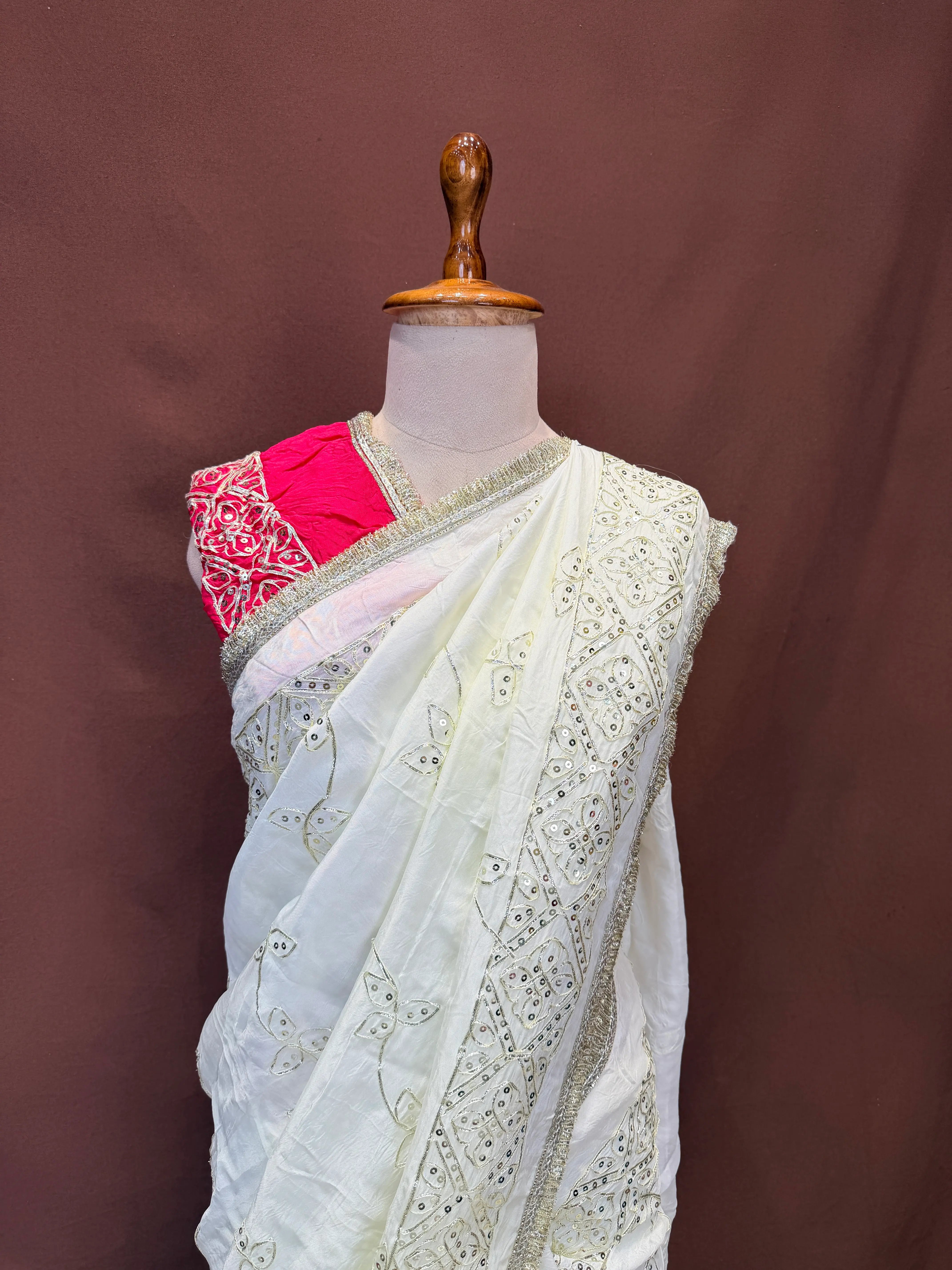 HO Silk Fabric Saree With Kacha Gota Patti And sequence Work (With Contrast Blouse)