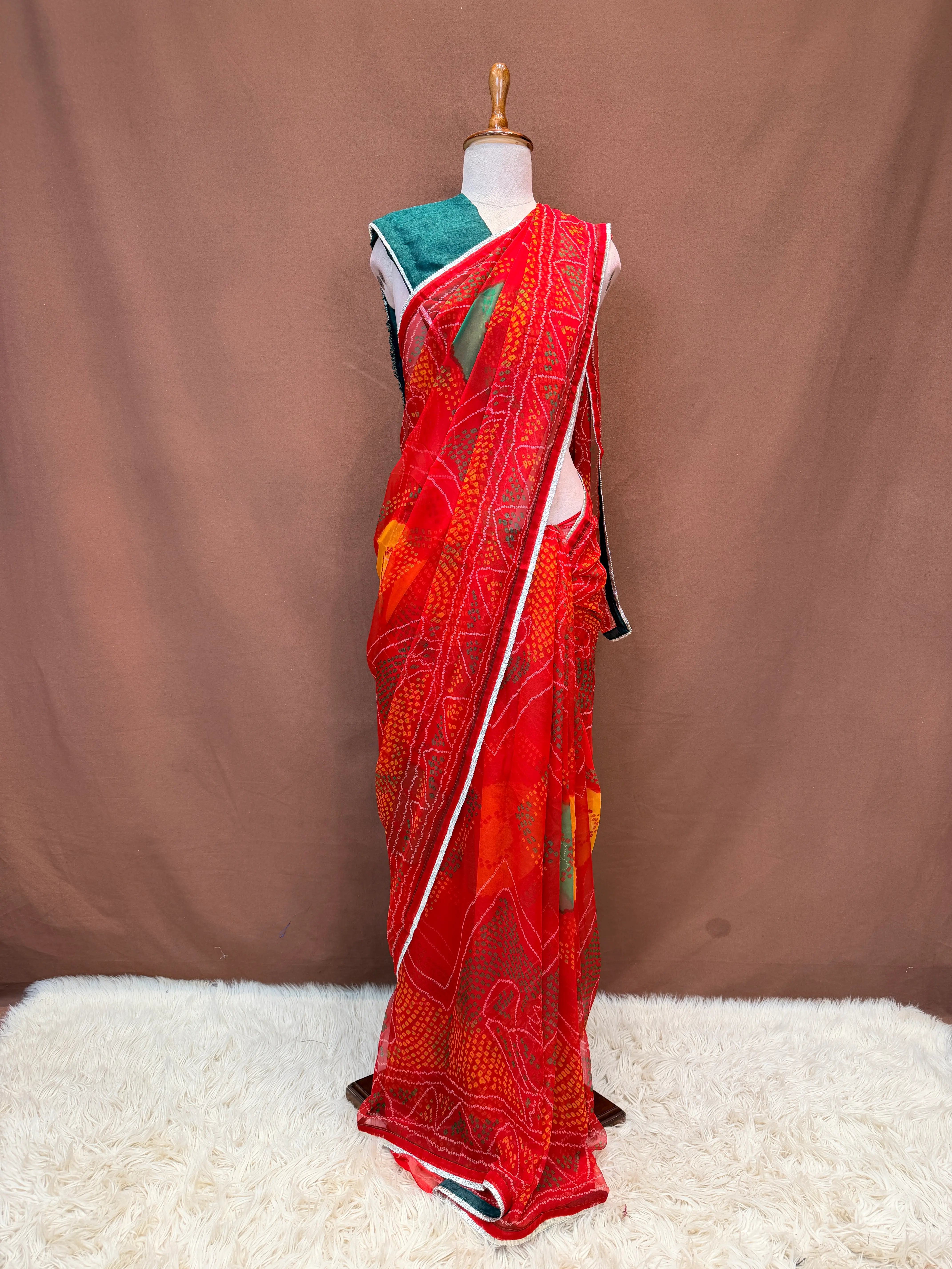 Shekhawati Special Bandhani Saree On Georgette Fabric With Gota Lace (With Blouse)