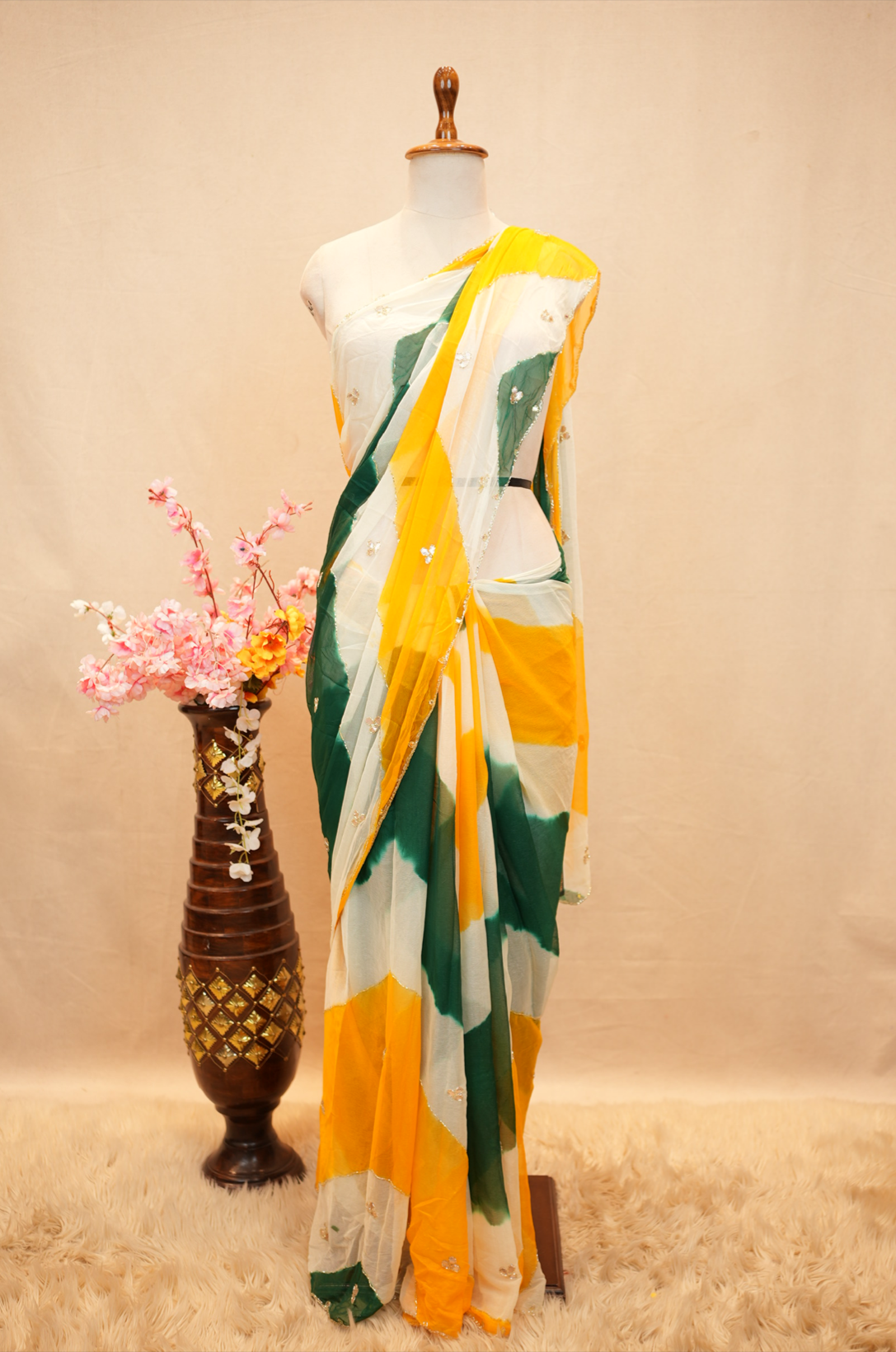 SHIMMER CHIFFON FABRIC LEHERIYA SAREE WITH CUTDANA AND GOTA PATTI WORK & CUT WORK PATTERN BORDER (WITH BLOUSE)  ##SR593