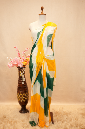 SHIMMER CHIFFON FABRIC LEHERIYA SAREE WITH CUTDANA AND GOTA PATTI WORK & CUT WORK PATTERN BORDER (WITH BLOUSE)  ##SR593