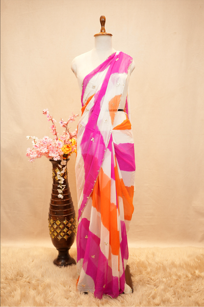 SHIMMER CHIFFON FABRIC LEHERIYA SAREE WITH CUTDANA AND GOTA PATTI WORK & CUT WORK PATTERN BORDER (WITH BLOUSE)  ##SR593