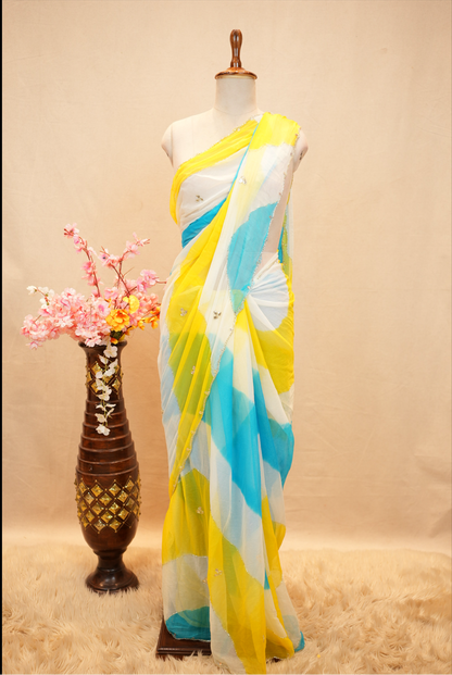 SHIMMER CHIFFON FABRIC LEHERIYA SAREE WITH CUTDANA AND GOTA PATTI WORK & CUT WORK PATTERN BORDER (WITH BLOUSE)  ##SR593