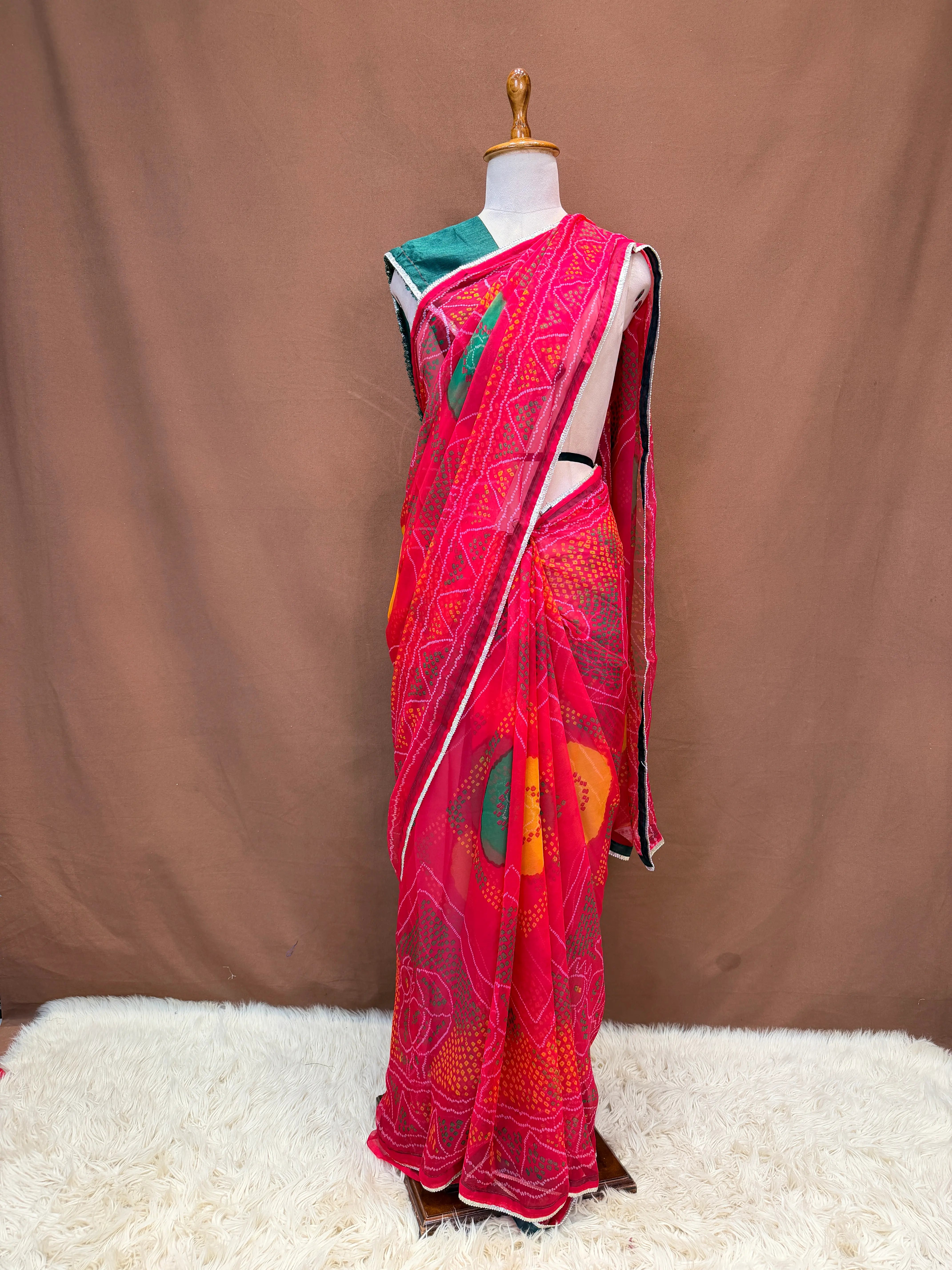 Shekhawati Special Bandhani Saree On Georgette Fabric With Gota Lace (With Blouse)