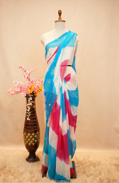 SHIMMER CHIFFON FABRIC LEHERIYA SAREE WITH CUTDANA AND GOTA PATTI WORK & CUT WORK PATTERN BORDER (WITH BLOUSE)  ##SR593