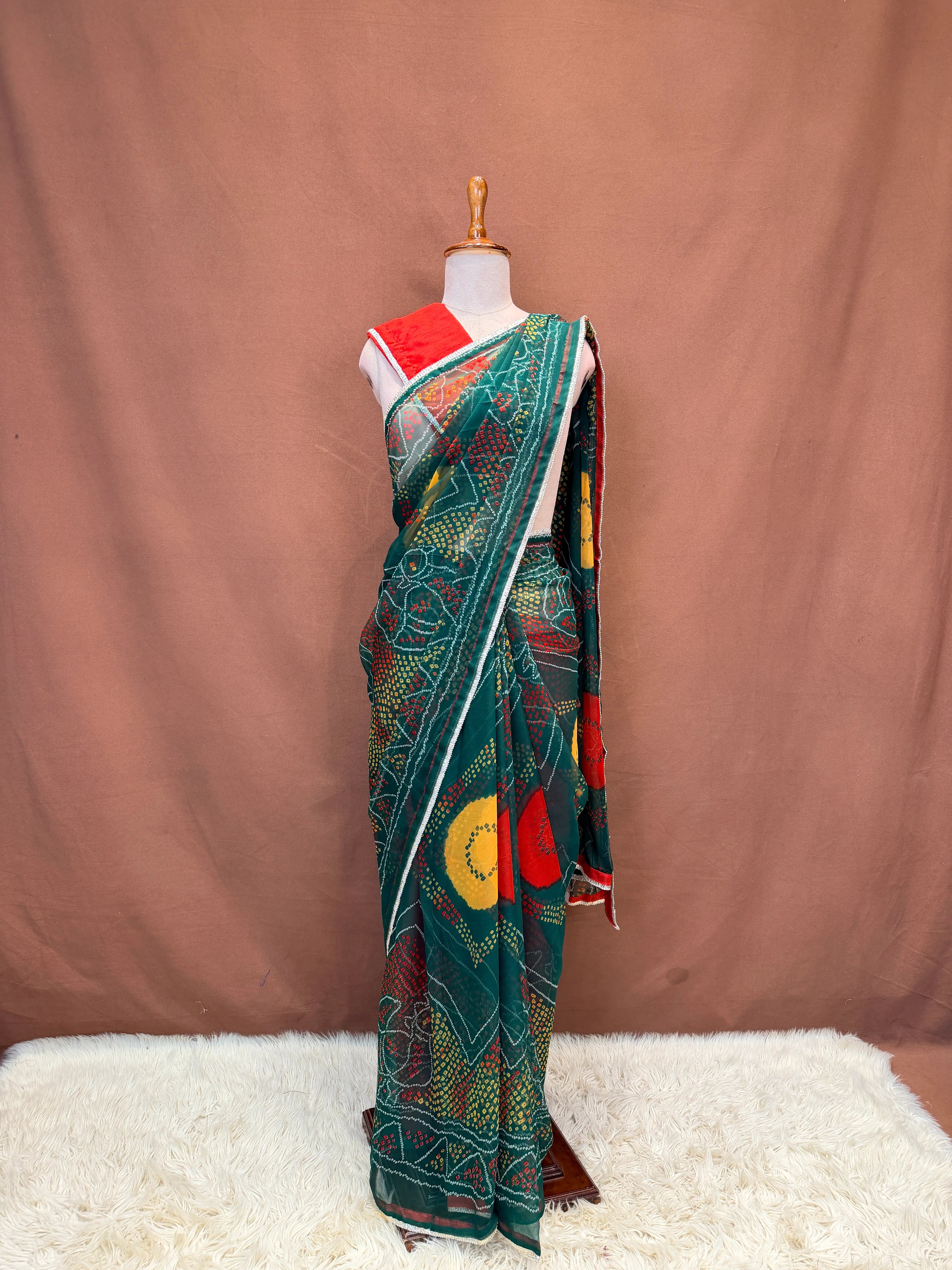 Shekhawati Special Bandhani Saree On Georgette Fabric With Gota Lace (With Blouse)