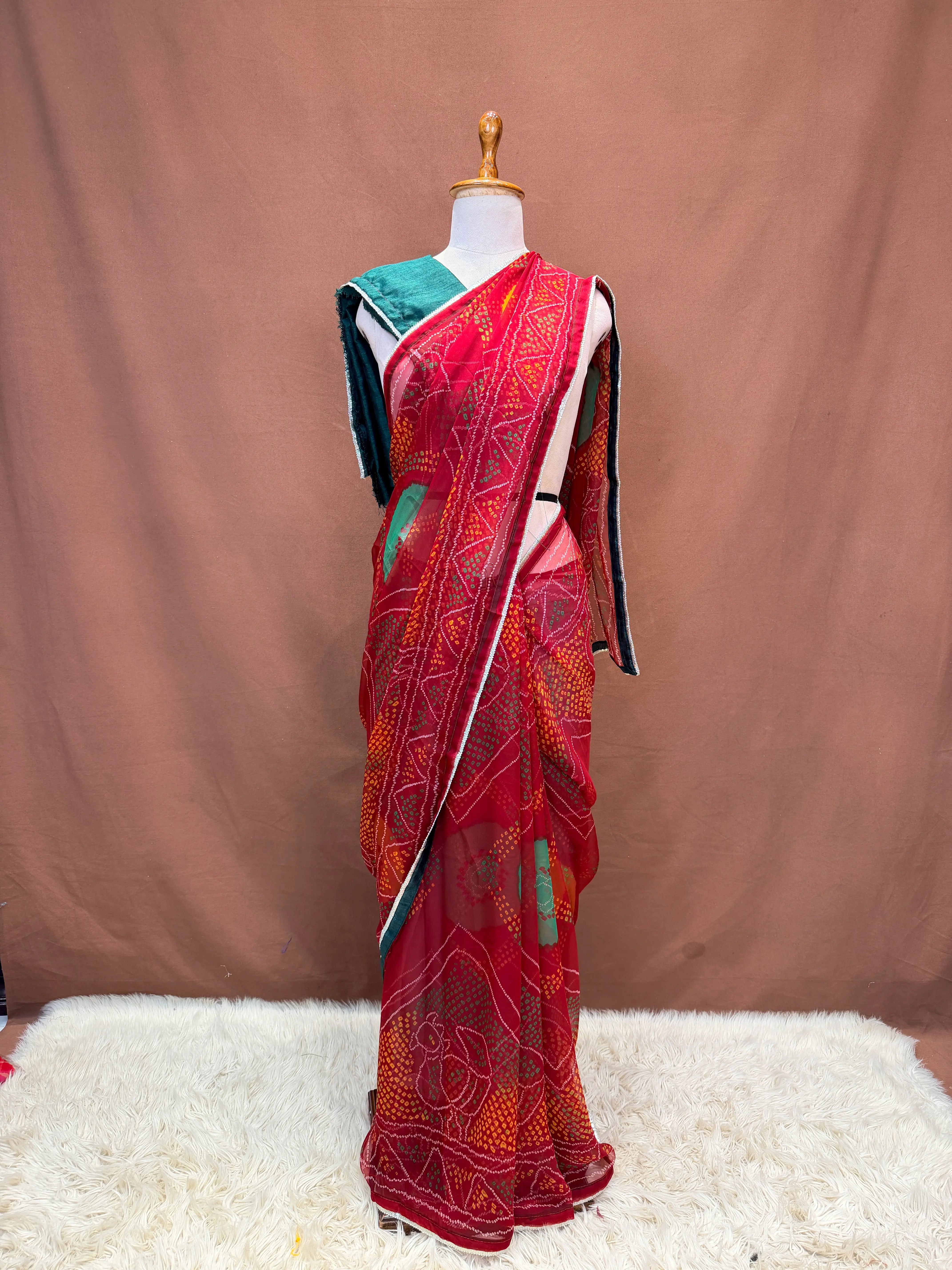 Shekhawati Special Bandhani Saree On Georgette Fabric With Gota Lace (With Blouse)