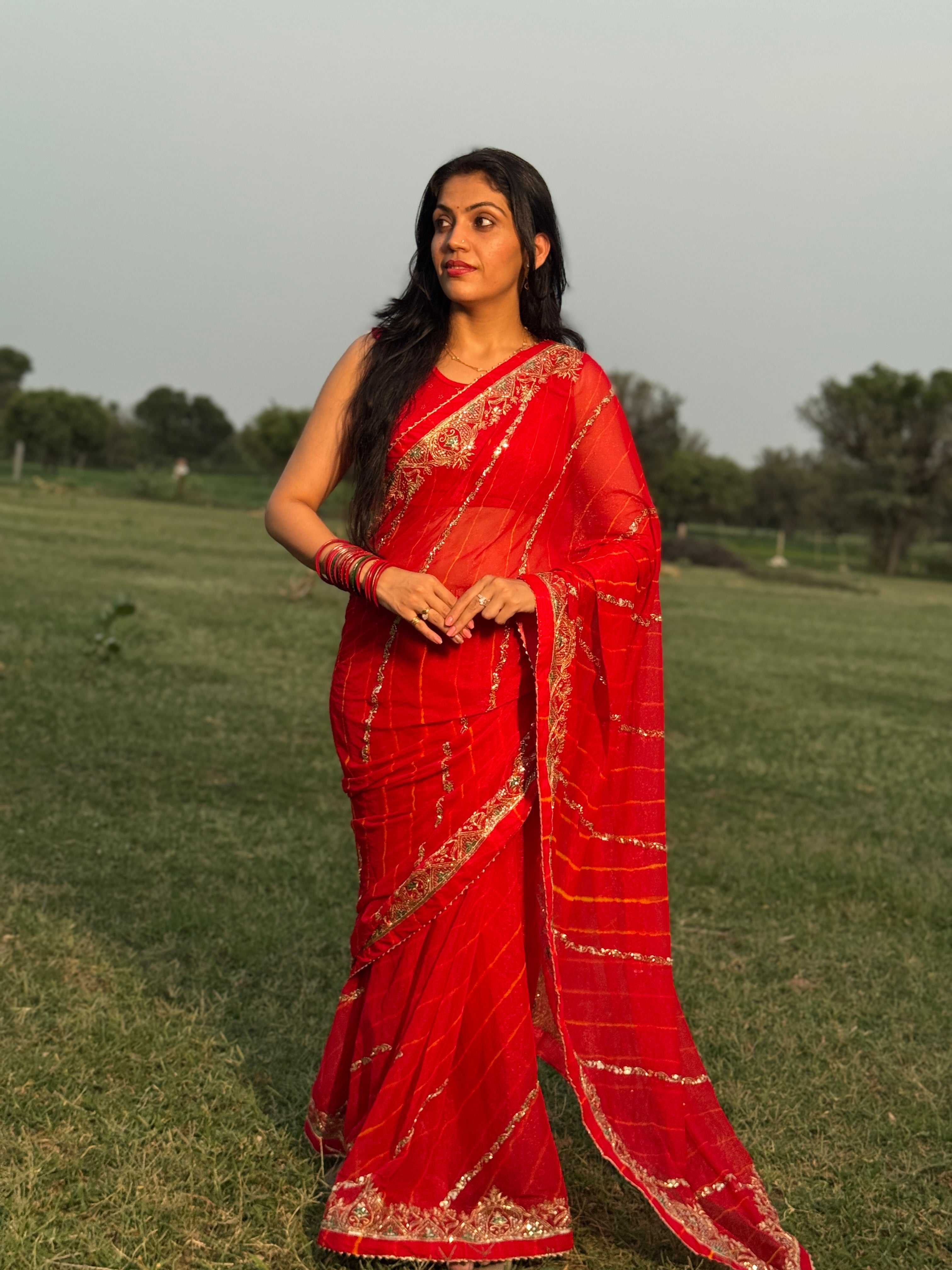 Rajasthani Traditional Leheriya Saree With Aari Taari & Cut Dana Work (With Blouse)