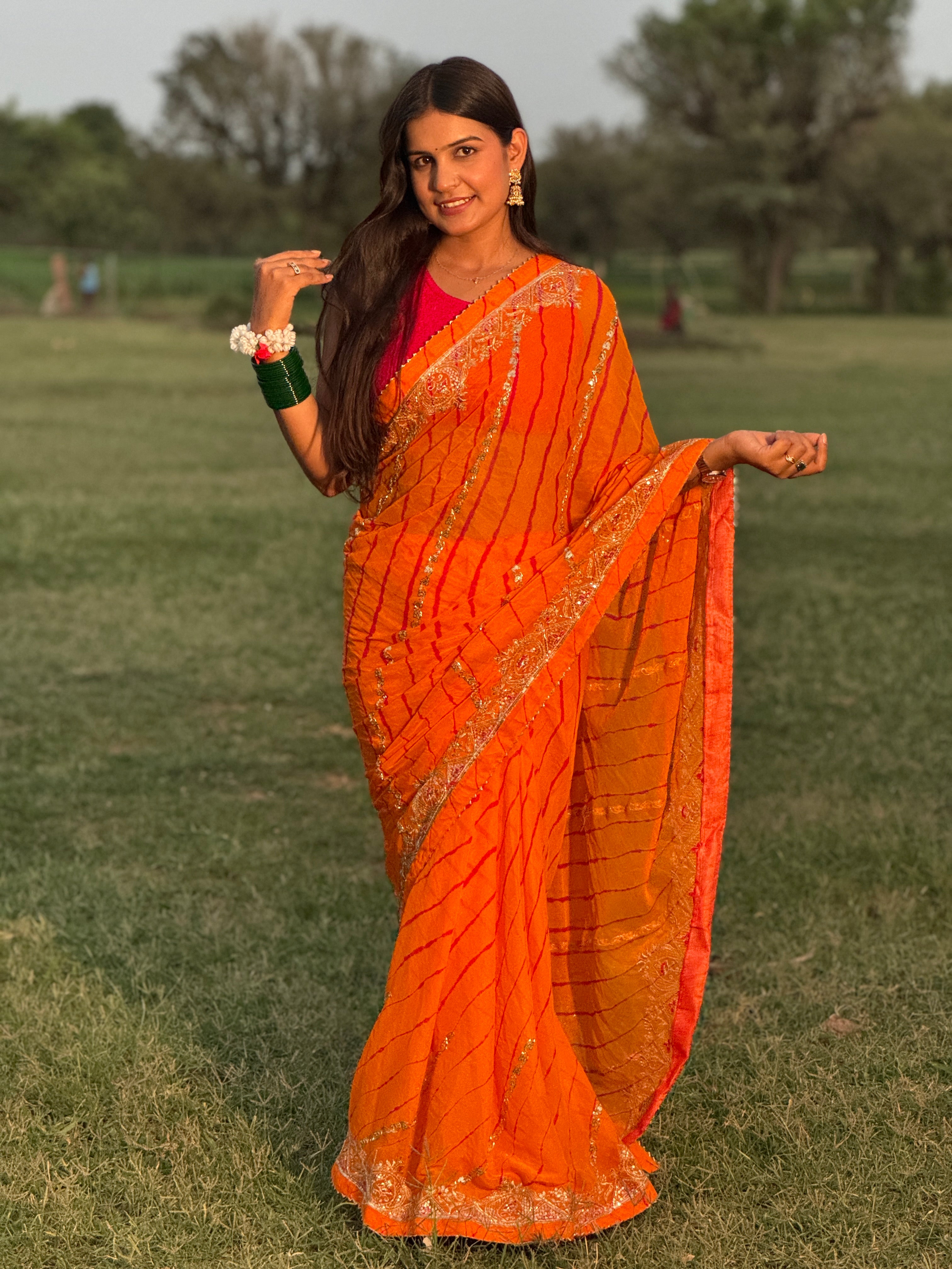 Rajasthani Traditional Leheriya Saree With Aari Taari & Cut Dana Work (With Blouse)